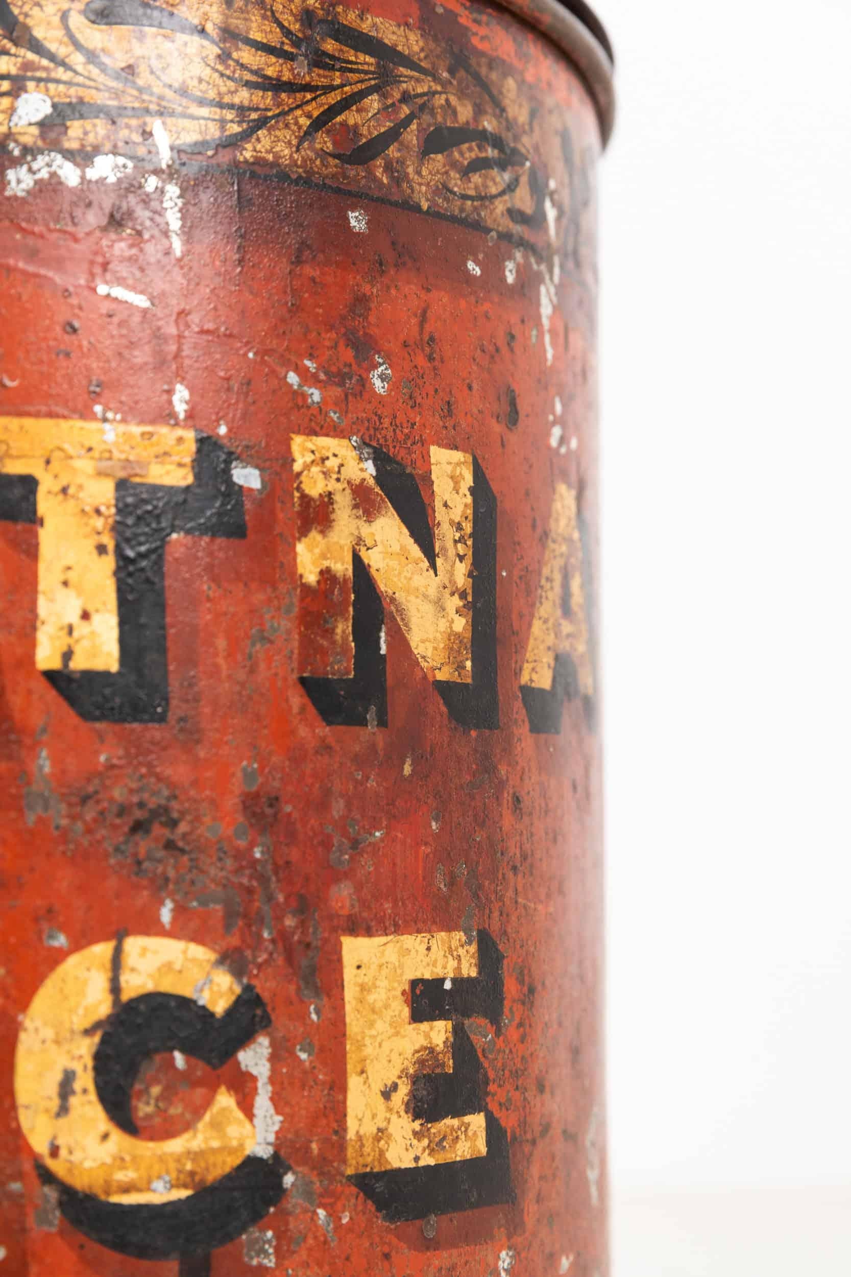 Anglais Antique Victorien 'Patna Rice' Toleware Cannister peint à la main. c.1890. en vente