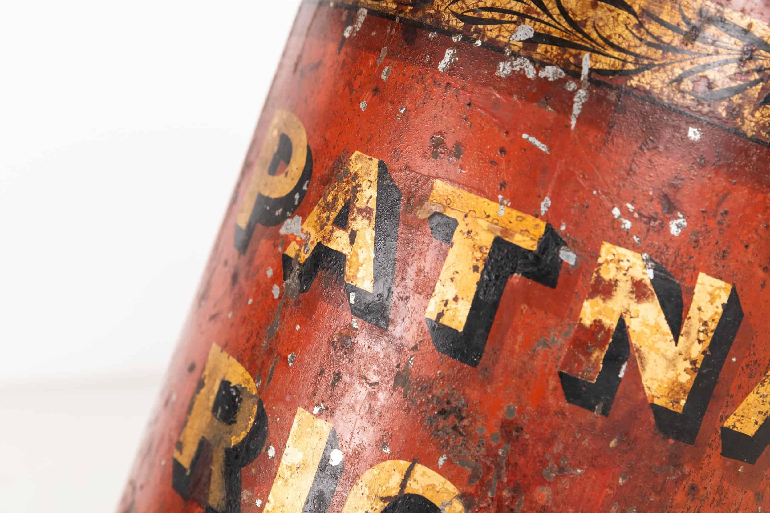 Fait main Antique Victorien 'Patna Rice' Toleware Cannister peint à la main. c.1890. en vente