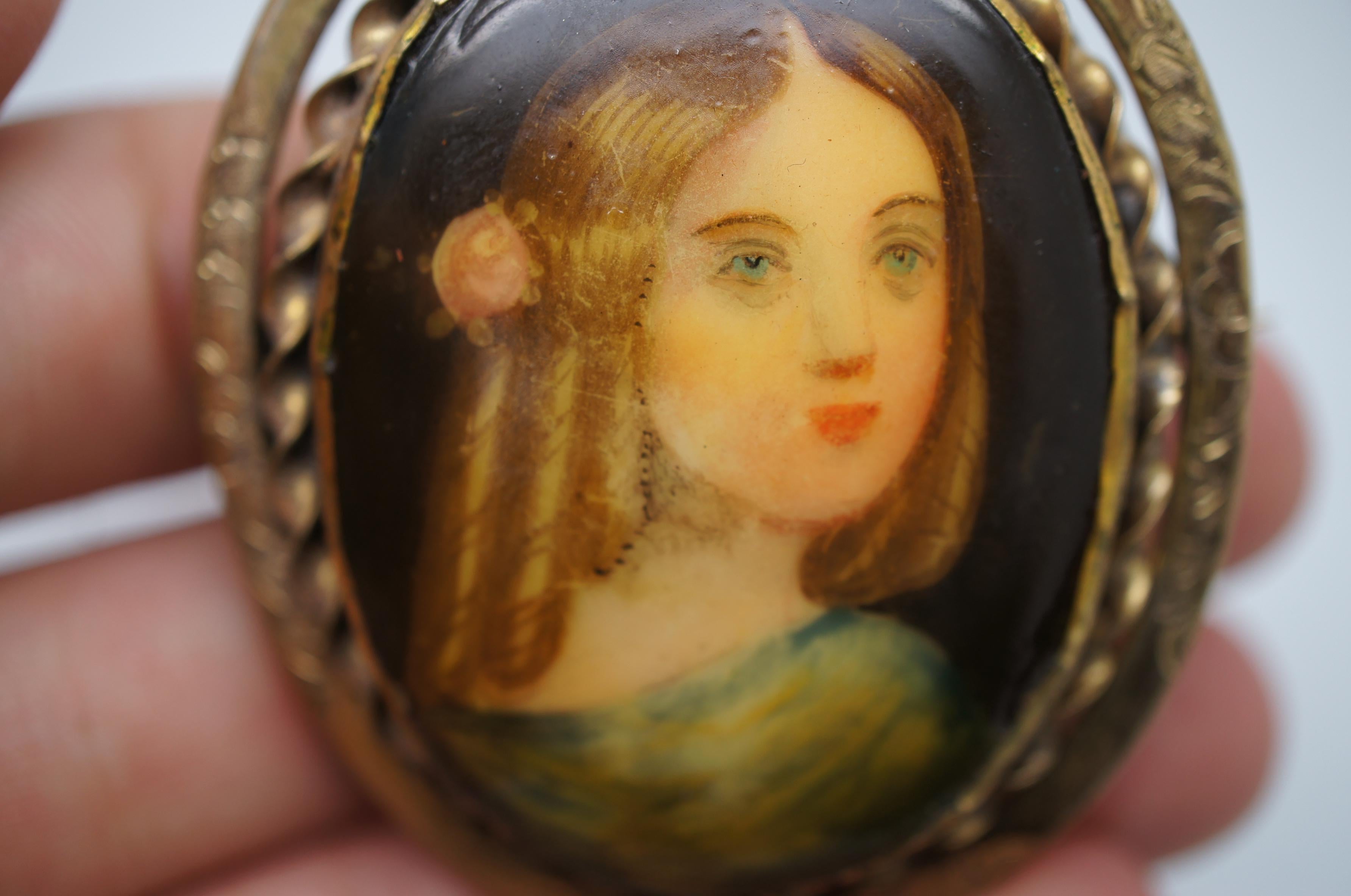 Brass Antique Victorian Hand Painted Porcelain Cameo Lady Brooch Pin Portrait