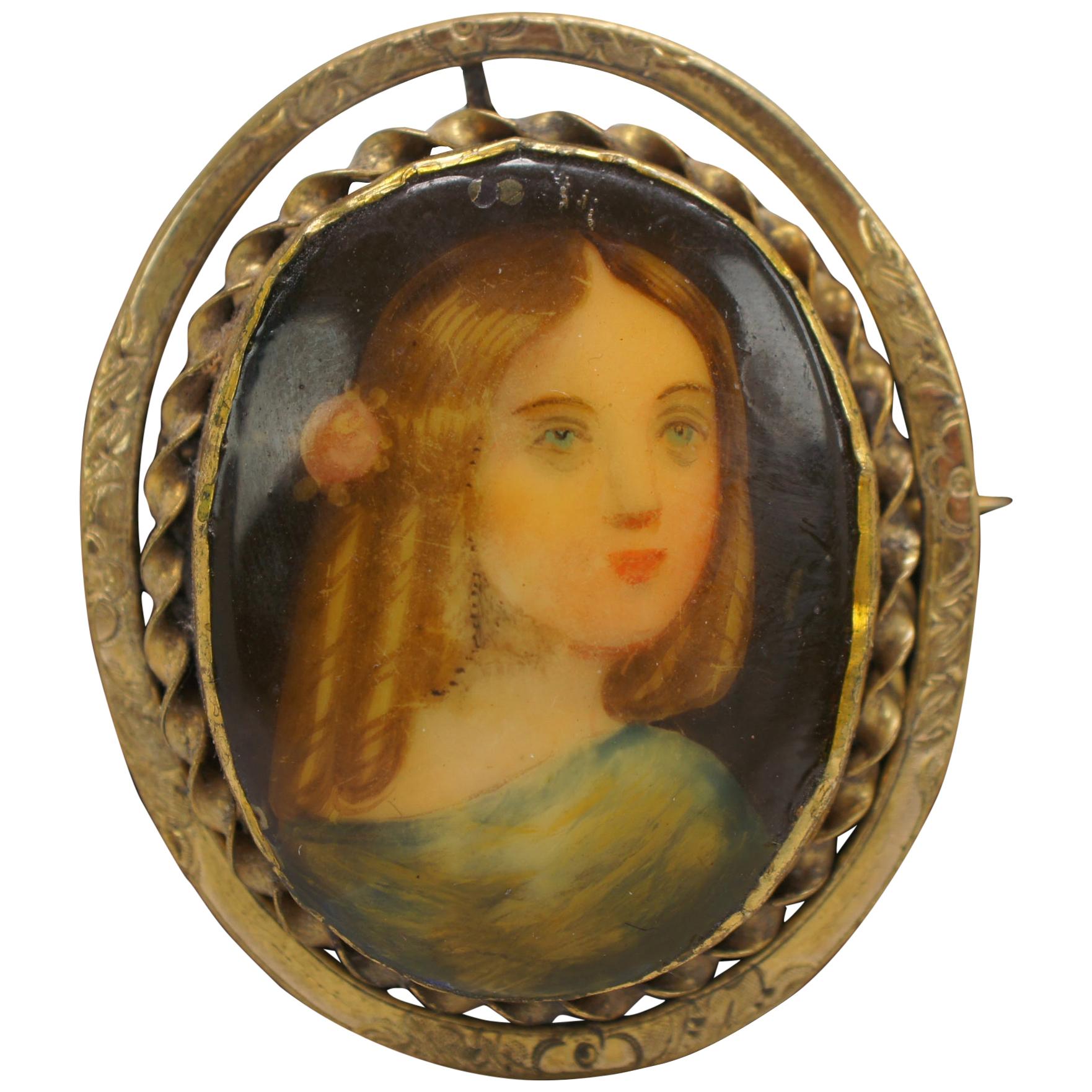 Antique Victorian Hand Painted Porcelain Cameo Lady Brooch Pin Portrait