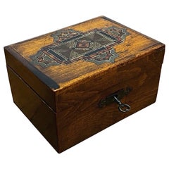 Antique Victorian Hand-Painted Wooden Money Box with Original Key