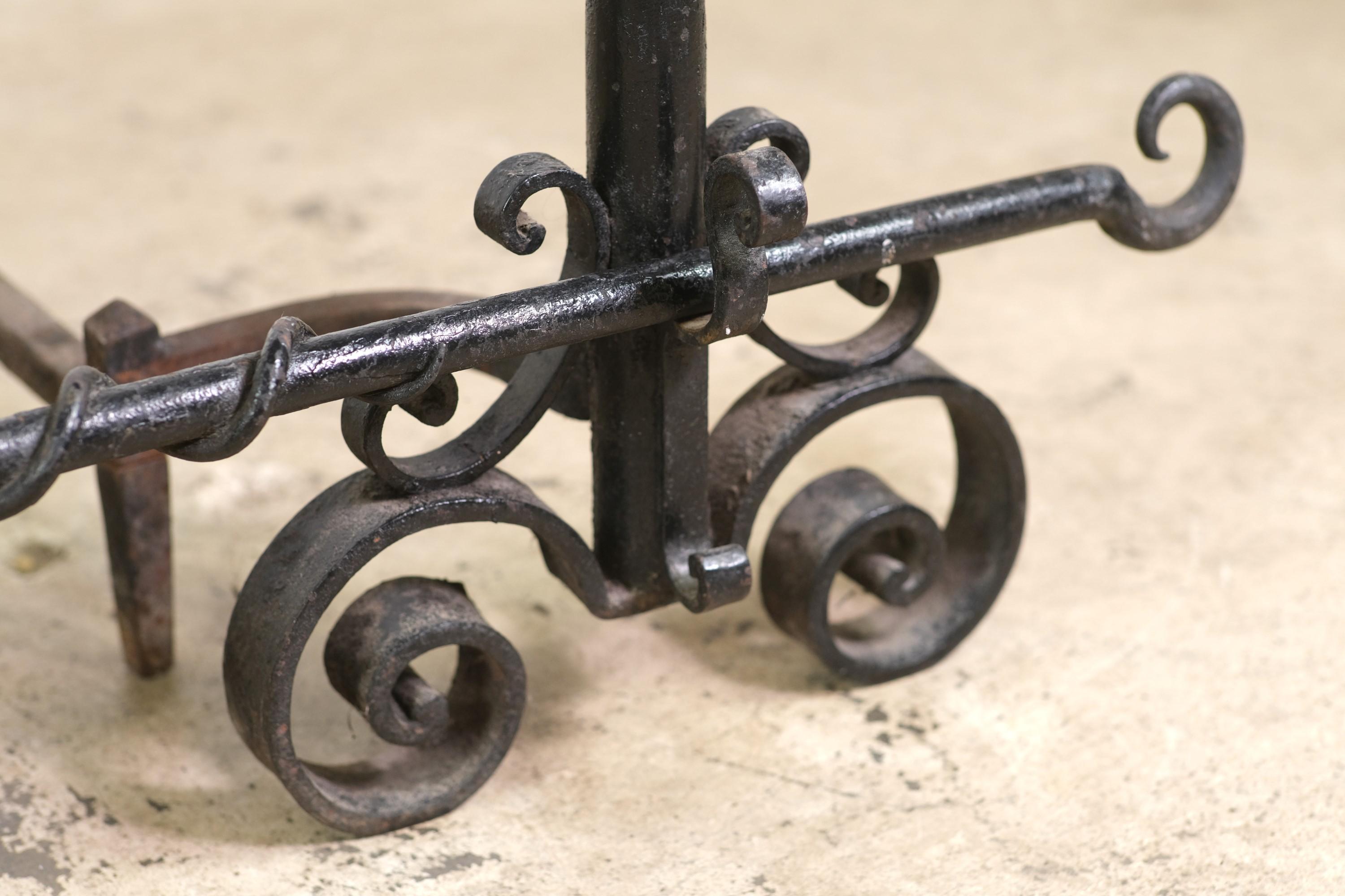 19th Century Antique Victorian Hand Wrought Iron Andirons with Bar