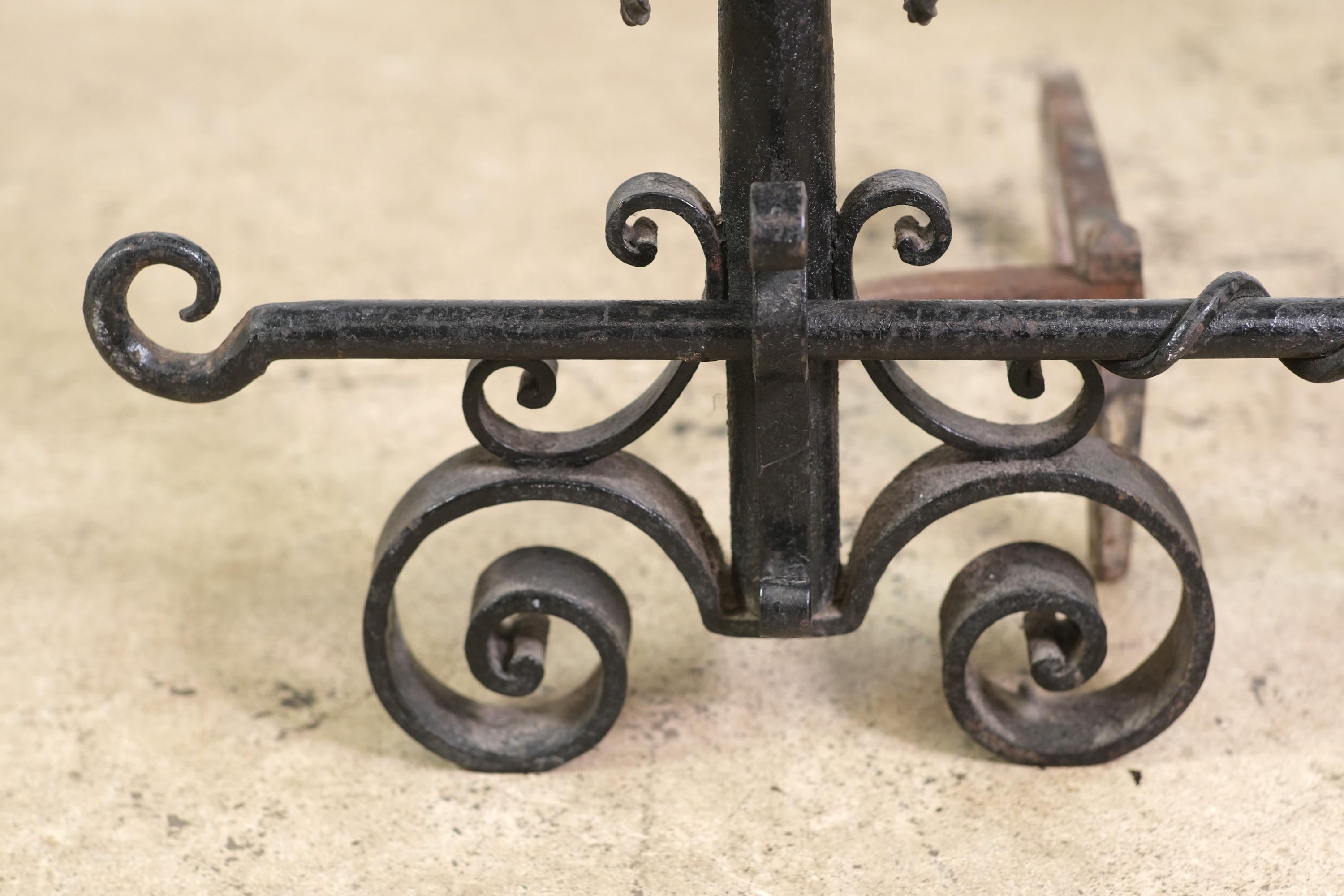 Antique Victorian Hand Wrought Iron Andirons with Bar 1