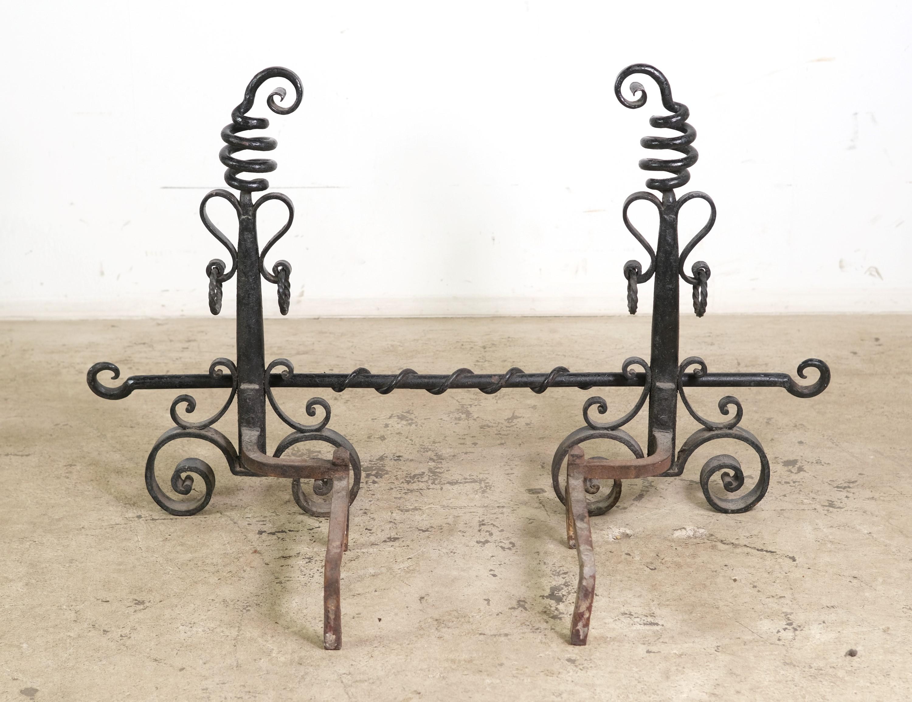 Antique Victorian Hand Wrought Iron Andirons with Bar 3