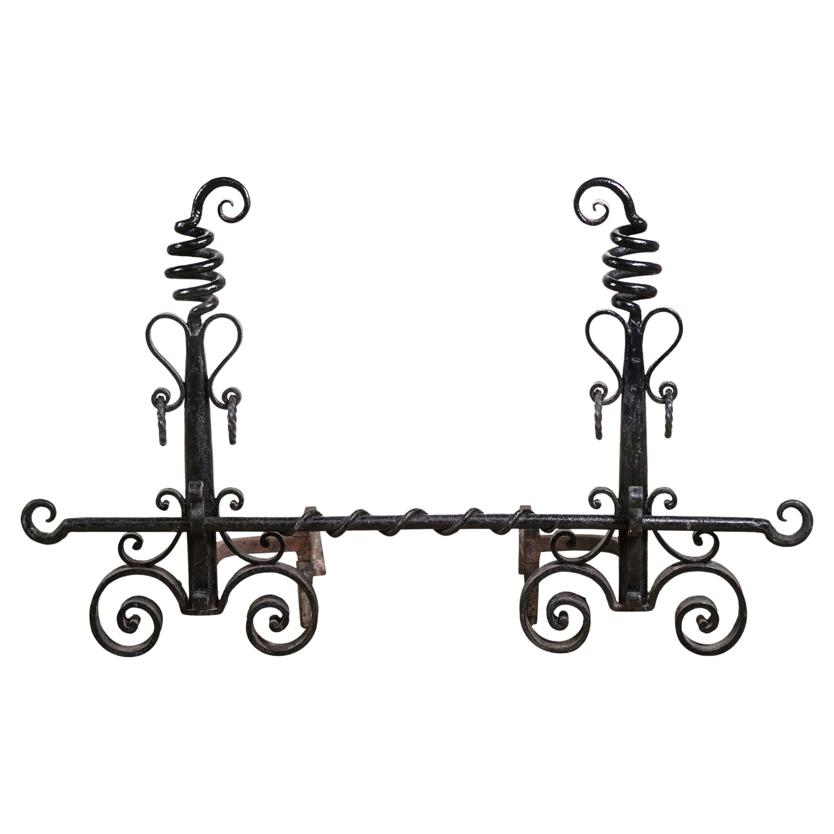 Antique Victorian Hand Wrought Iron Andirons with Bar
