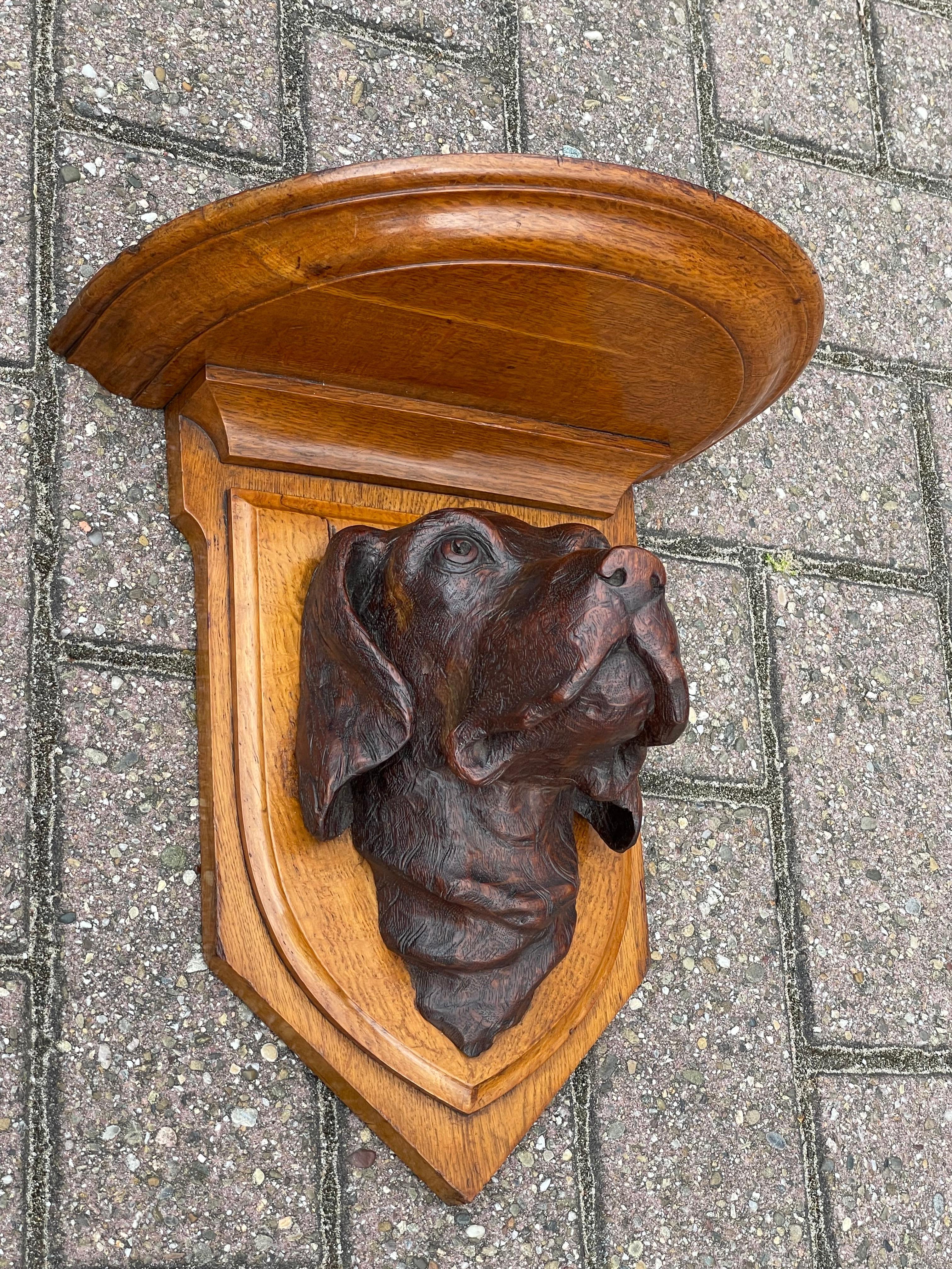 Stunning carved wooden hunting dog wall shelf by John Easten & Sons, Hull, England.

This marvelously handcrafted and amazing condition, hunting dog wall shelf is 140 years old and as rare as a hen's tooth. John Easten & Sons of England was a home