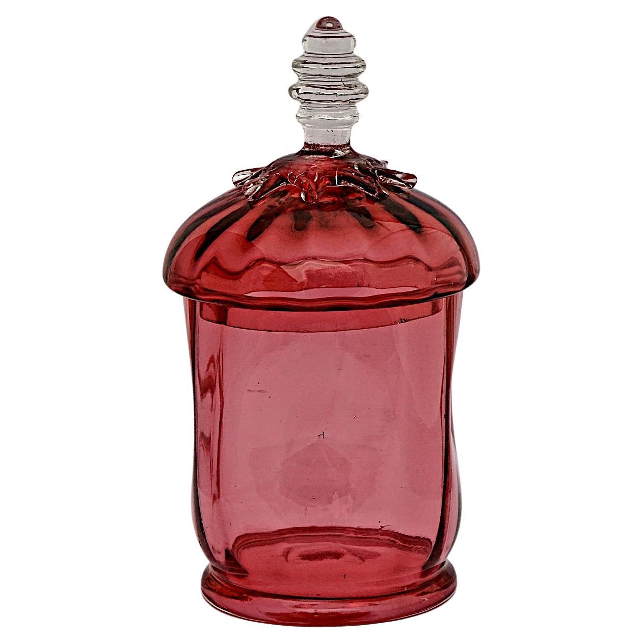 Antique Victorian Handmade Cranberry Glass Jar For Sale