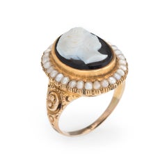 Antique Victorian Hard Stone Cameo Ring 14 Karat Gold Pearl Vintage Jewelry