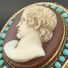 Antique Victorian Hardstone Cameo Brooch 14k Gold w/ Turquoise