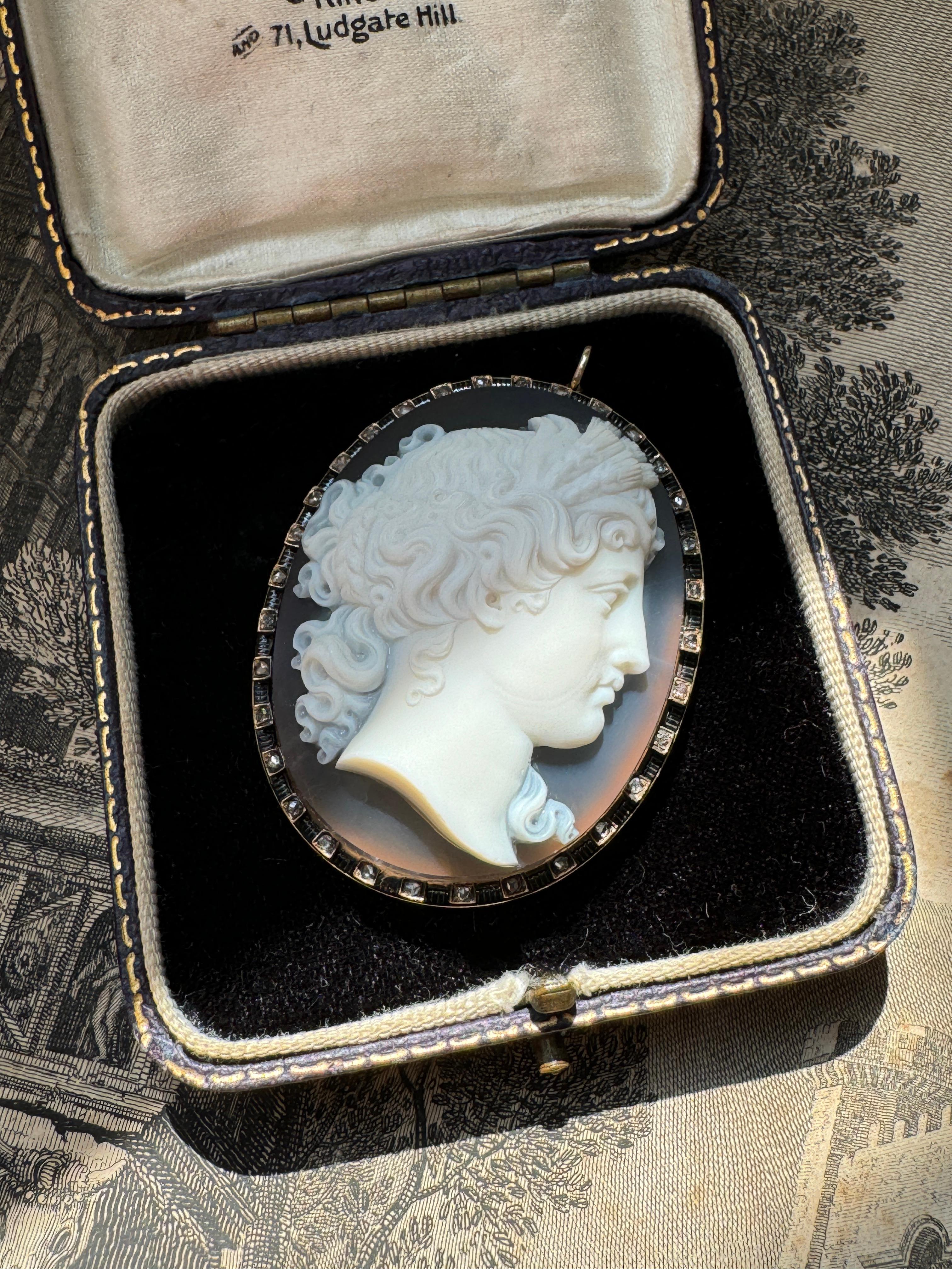 Women's Antique Victorian Hardstone Cameo Pendant of Demeter / Ceres with Rose Cut Diamo For Sale