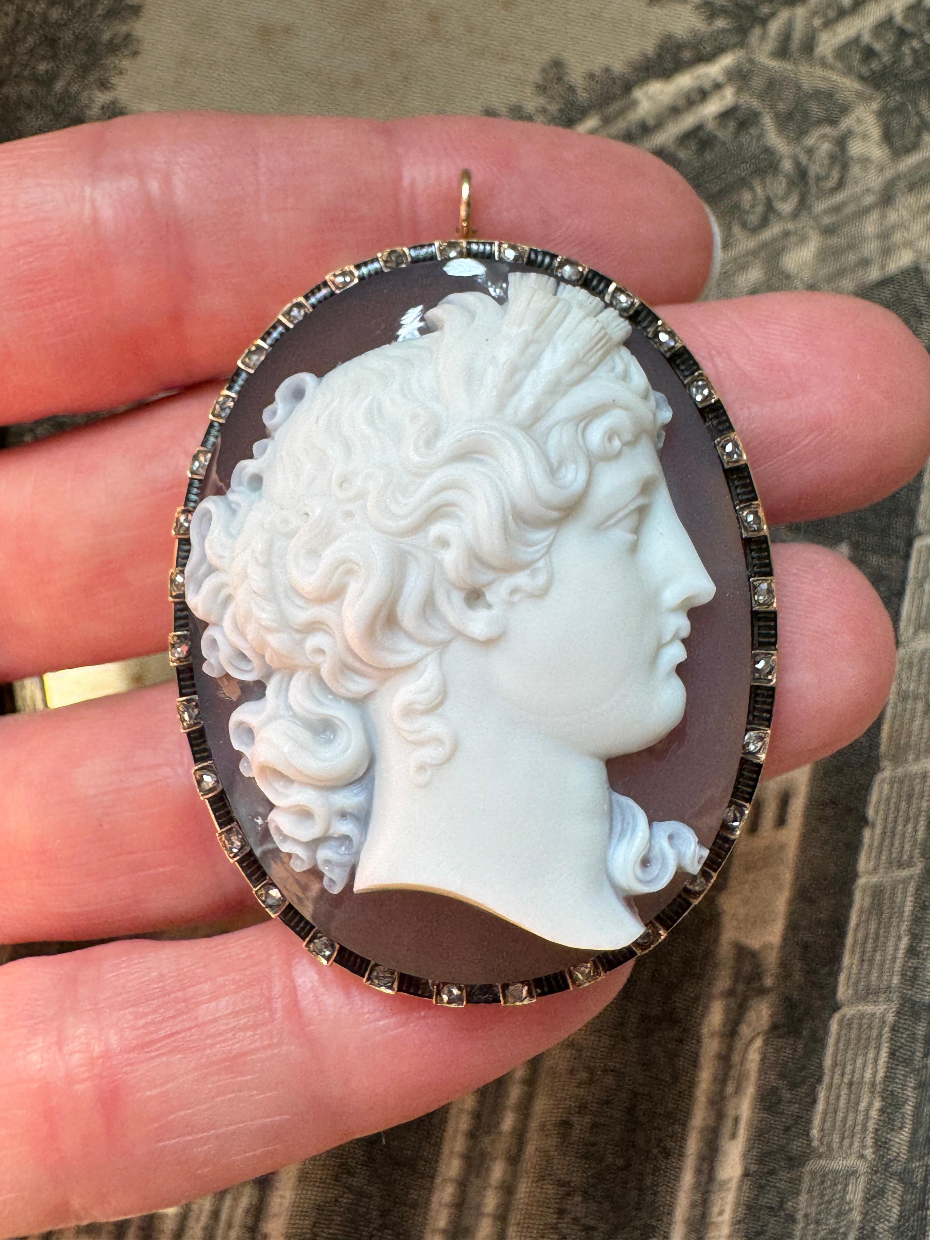 Antique Victorian Hardstone Cameo Pendant of Demeter / Ceres with Rose Cut Diamo For Sale 1