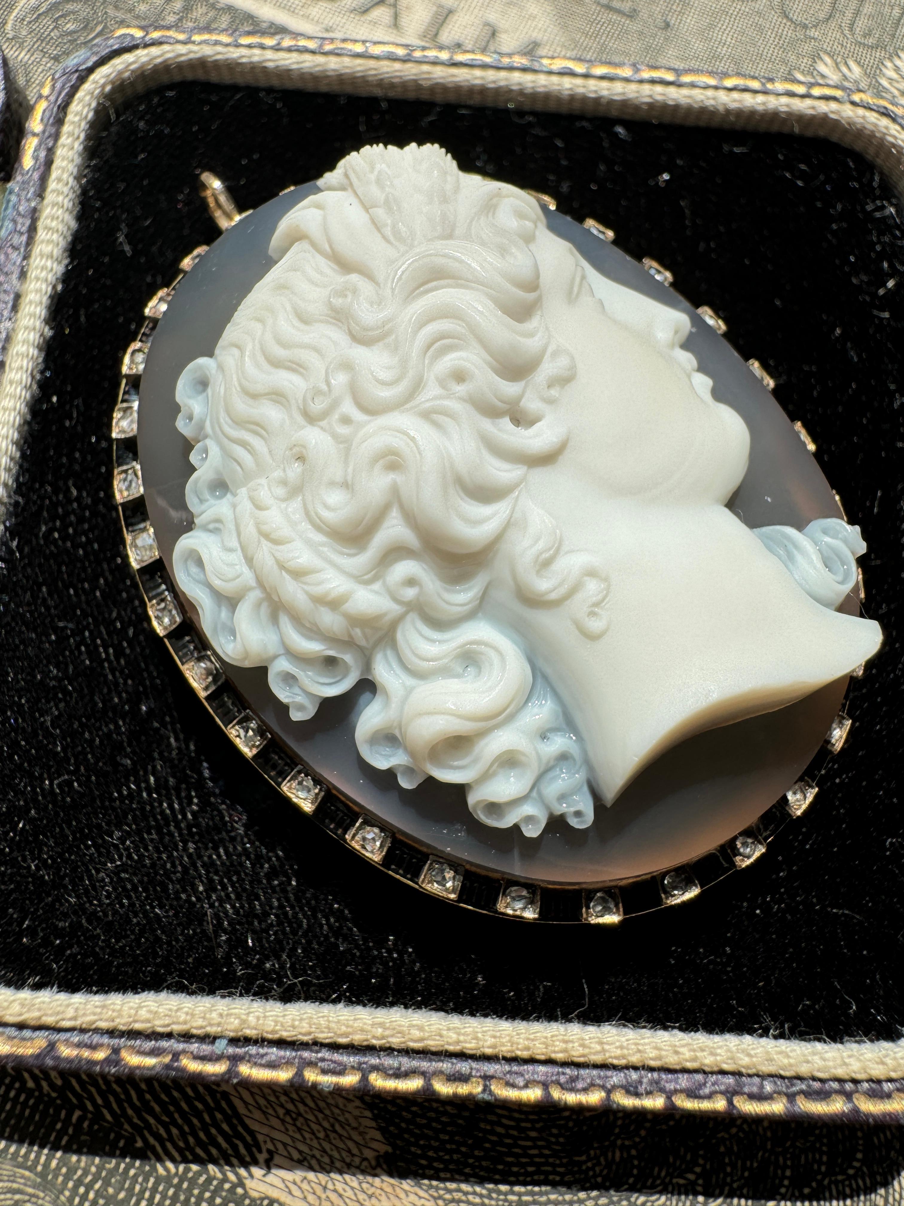 Antique Victorian Hardstone Cameo Pendant of Demeter / Ceres with Rose Cut Diamo For Sale 2