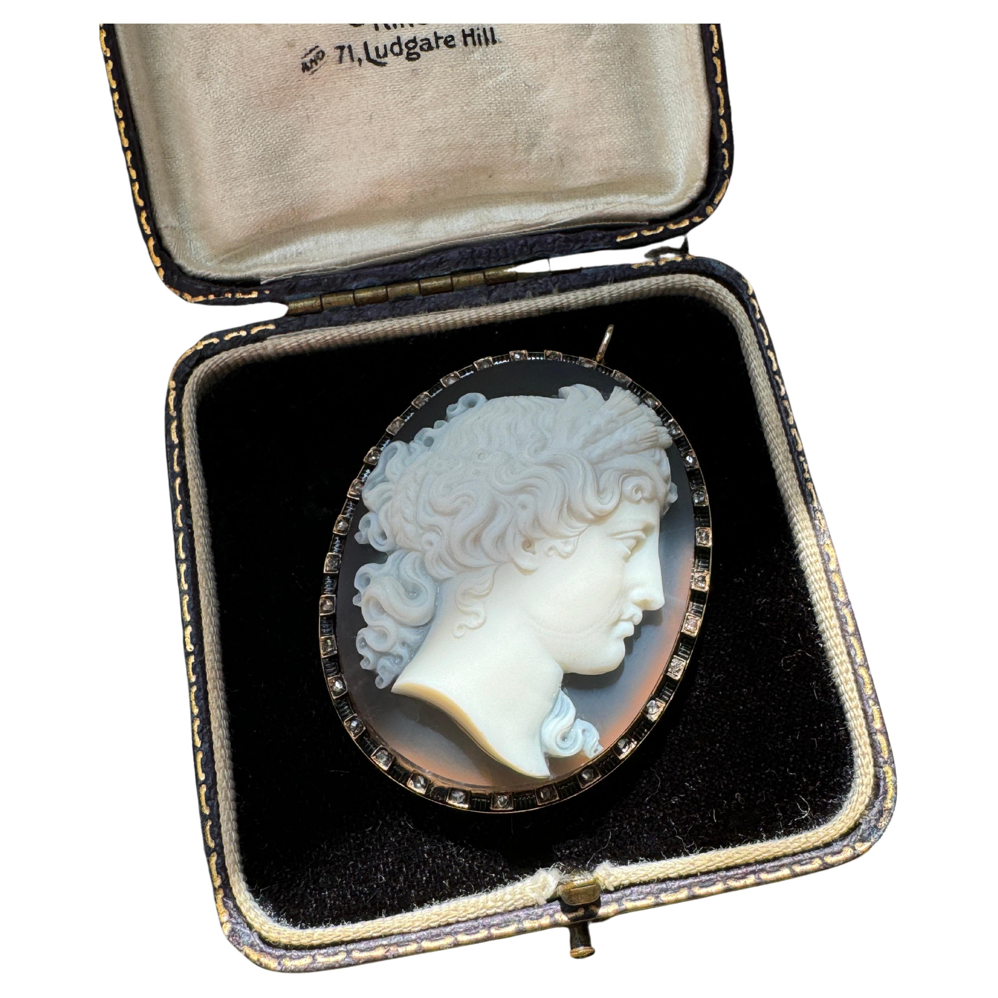Antique Victorian Hardstone Cameo Pendant of Demeter / Ceres with Rose Cut Diamo For Sale