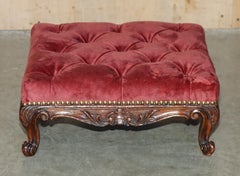 ancien pouf victorien en bois dur avec armature en saumon, velours, chesterfield, touffeté