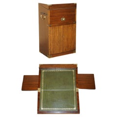 Antique Victorian Hardwood & Green Leather Military Campaign Davenport Desk