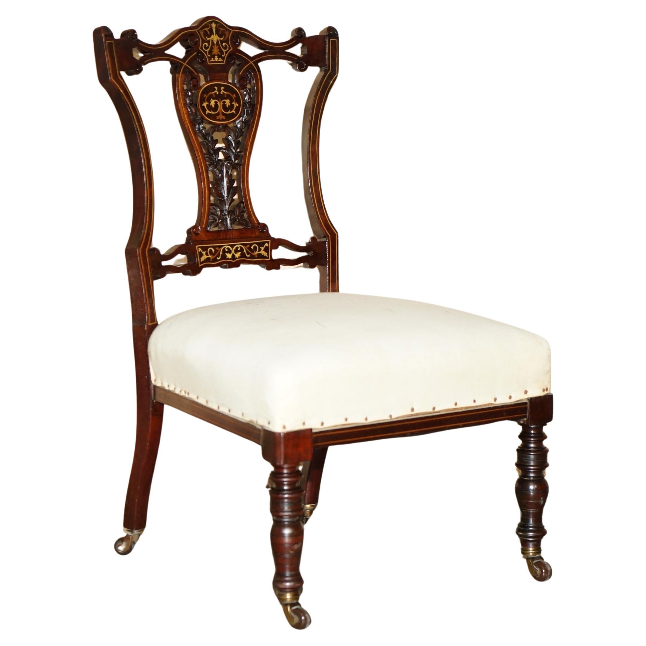 ANTIQUE VICTORIAN HARDWOOD SALON NURSING CHAIR WITH STUNNiNG INLAID BACK PANEL For Sale