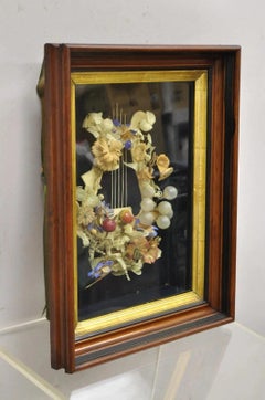 Antique Victorian Harp Design Flower Mourning Wreath Mahogany Shadow Box Frame
