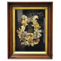 Used Victorian Harp Design Flower Mourning Wreath Mahogany Shadow Box Frame