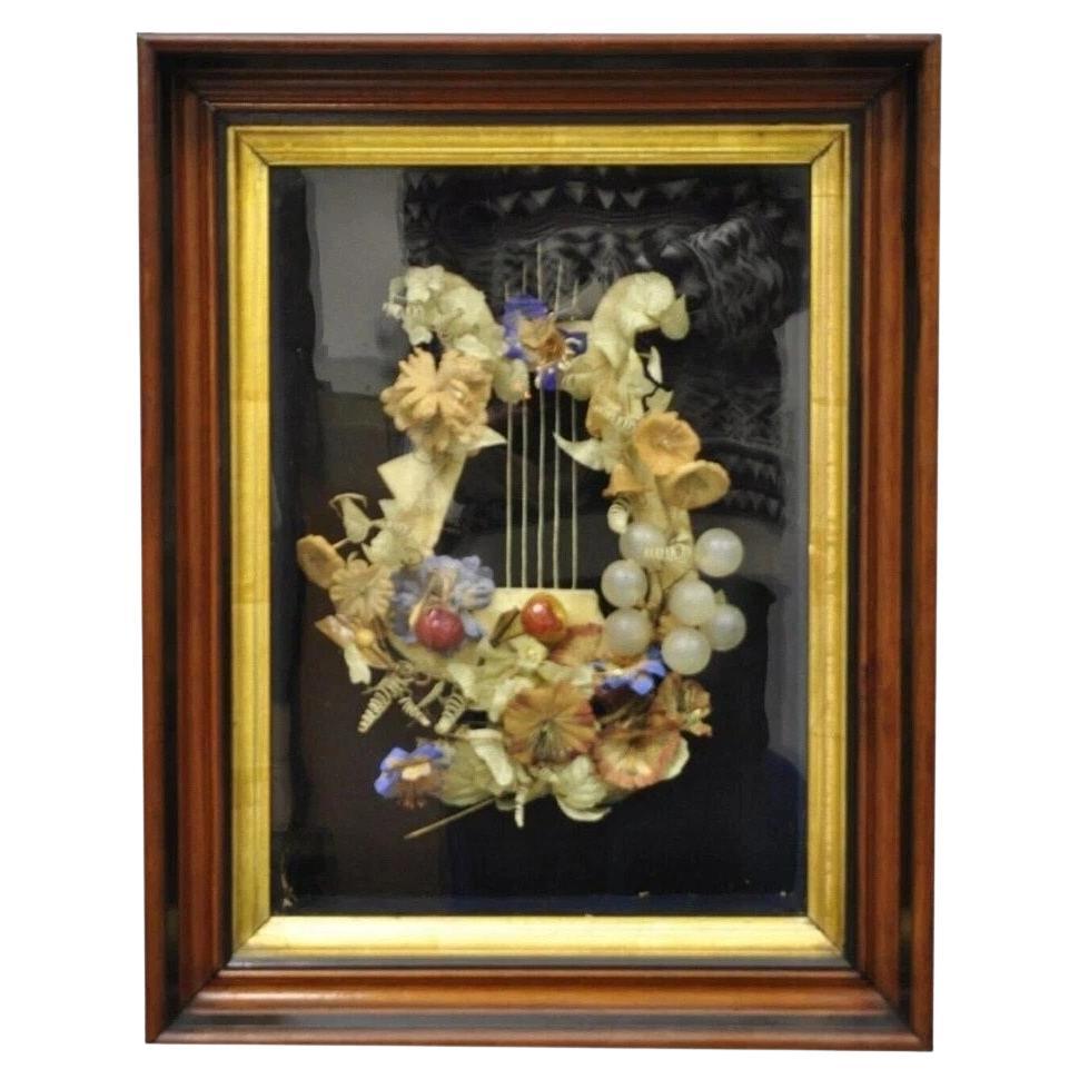 Antique Victorian Harp Design Flower Mourning Wreath Mahogany Shadow Box Frame