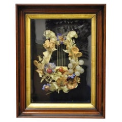 Antique Victorian Harp Design Flower Mourning Wreath Mahogany Shadow Box Frame
