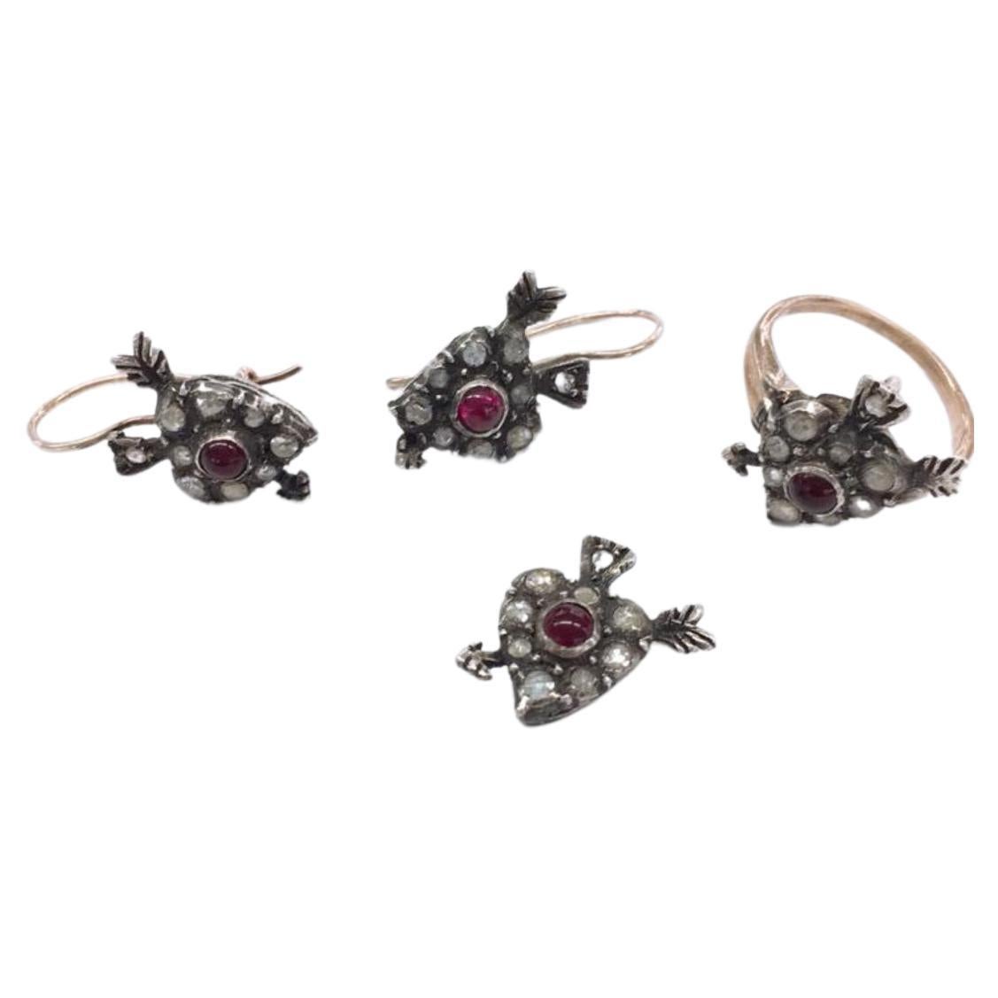 Antike viktorianische Herz- und Pfeil-Ohrringe mit Diamanten im Rosenschliff und Anhänger 4