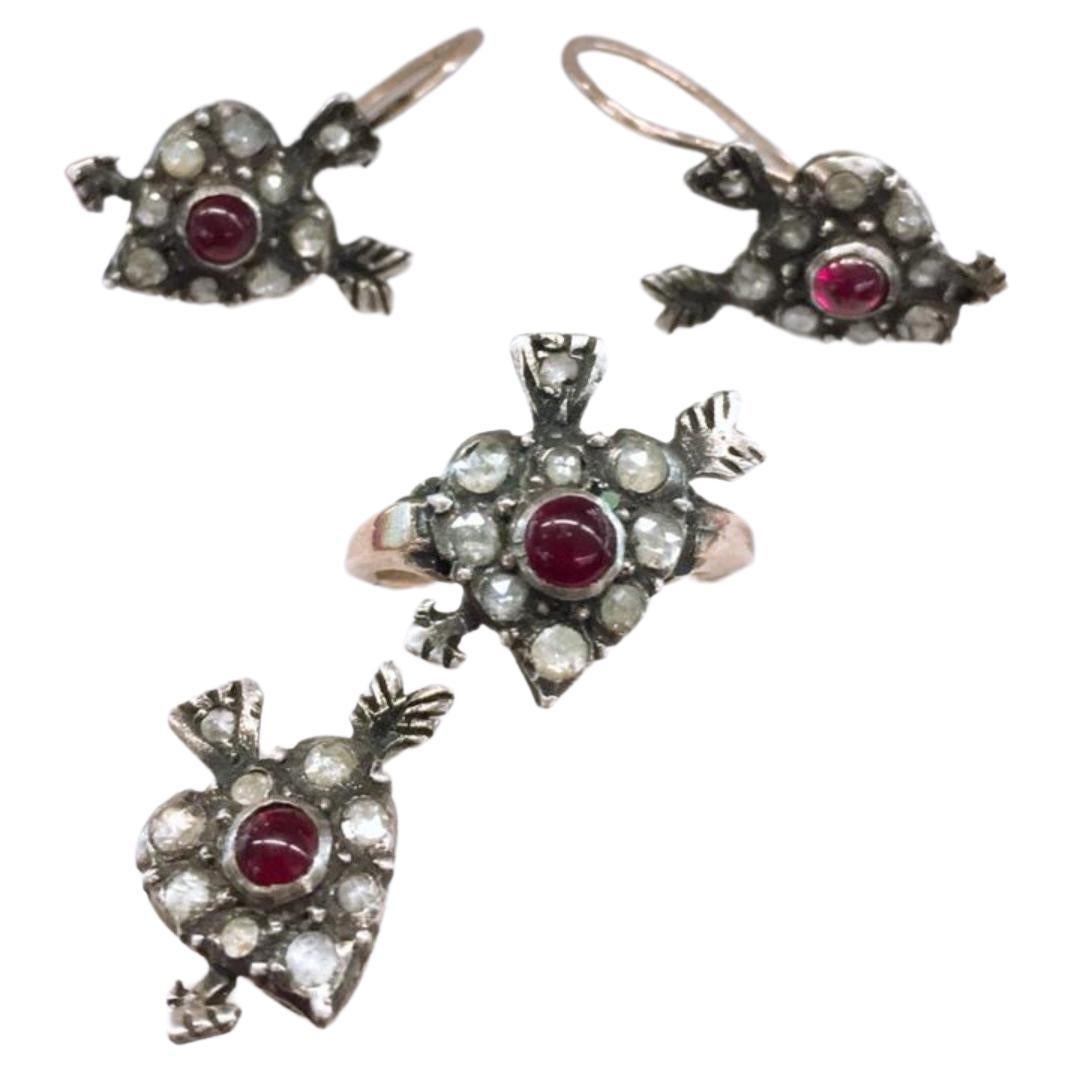 Antike viktorianische Herz- und Pfeil-Ohrringe mit Diamanten im Rosenschliff und Anhänger