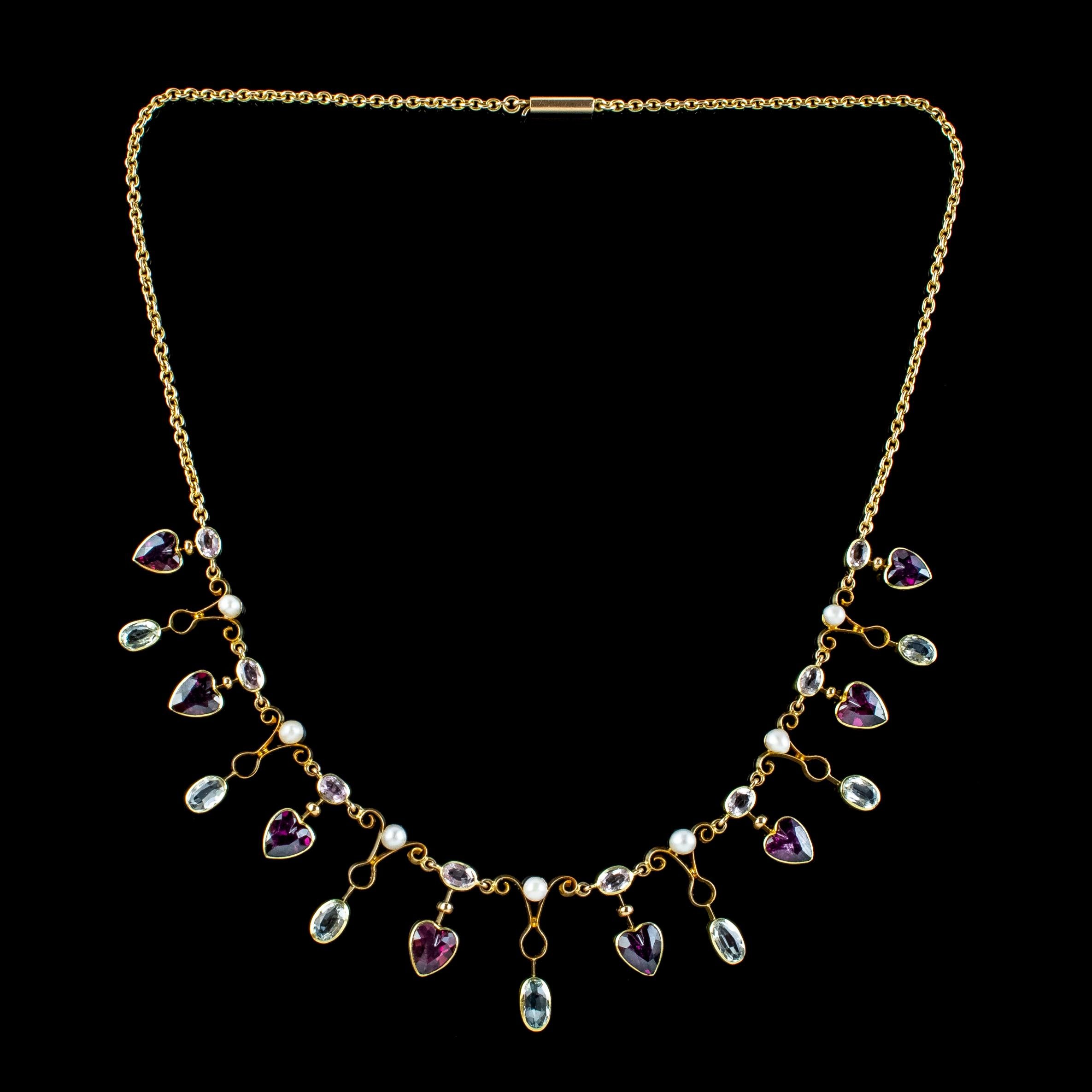 Oval Cut Antique Victorian Heart Dropper Necklace Aquamarine Garnet Pearl 15 Carat Gold For Sale