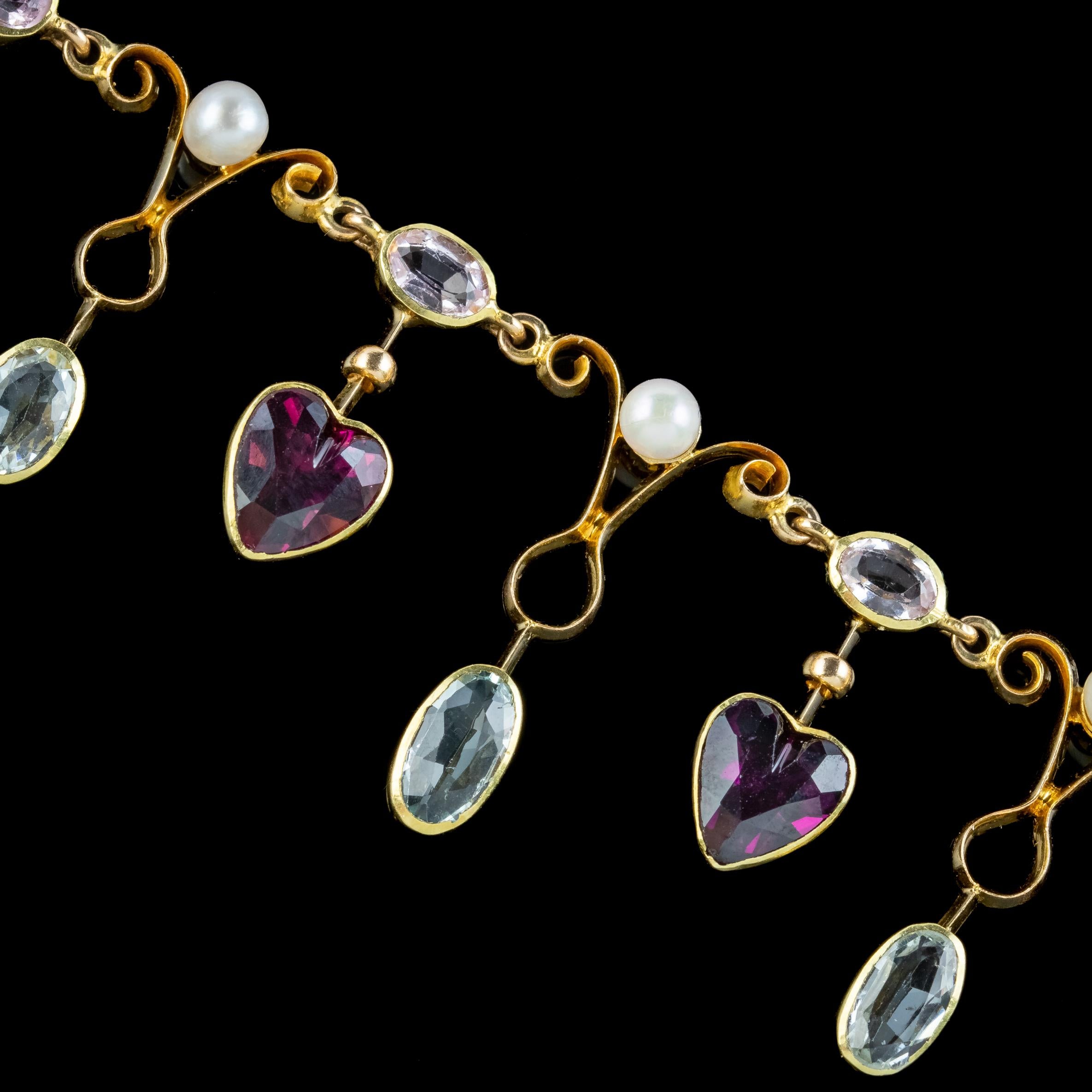 Women's Antique Victorian Heart Dropper Necklace Aquamarine Garnet Pearl 15 Carat Gold For Sale
