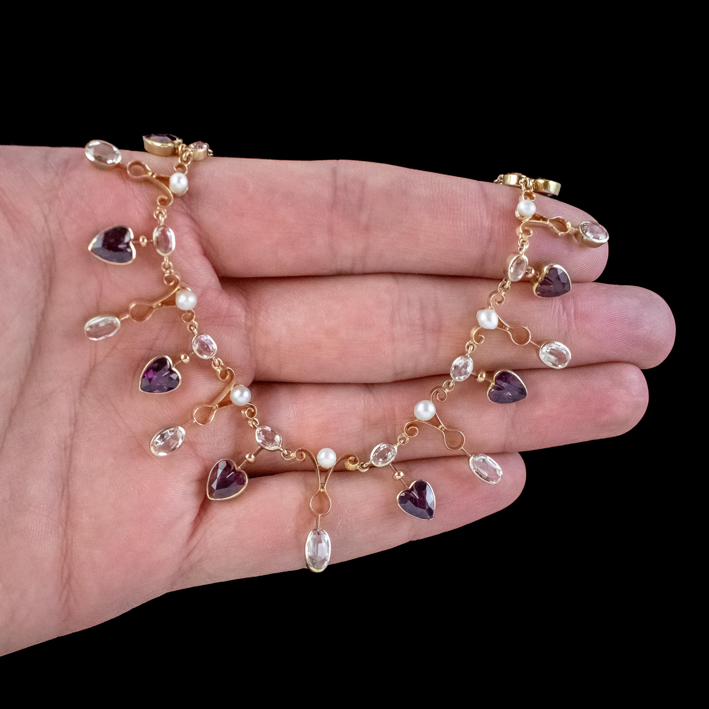 Antique Victorian Heart Dropper Necklace Aquamarine Garnet Pearl 15 Carat Gold For Sale 2