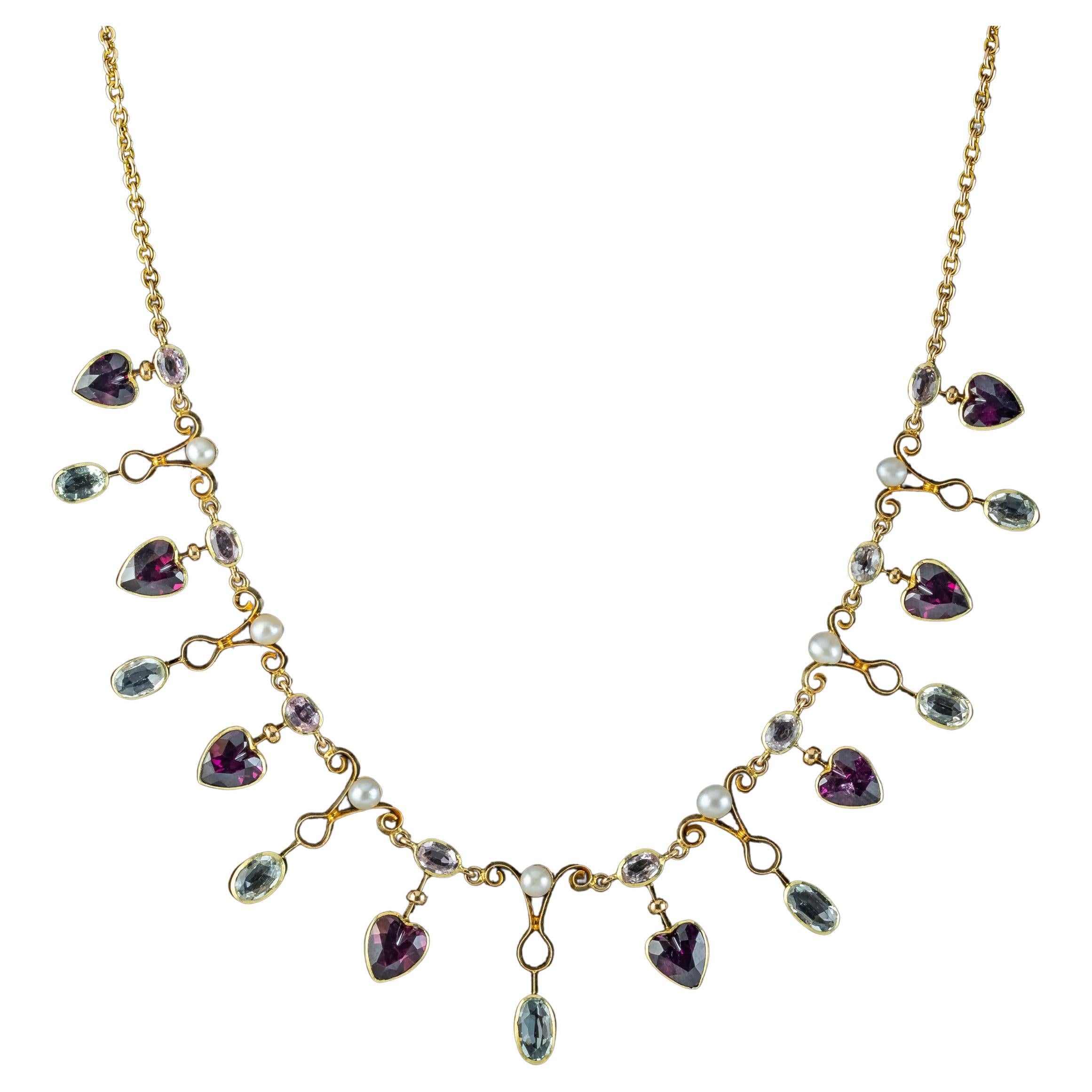 Antique Victorian Heart Dropper Necklace Aquamarine Garnet Pearl 15 Carat Gold