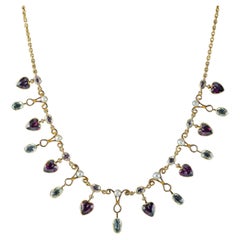 Antique Victorian Heart Dropper Necklace Aquamarine Garnet Pearl 15 Carat Gold