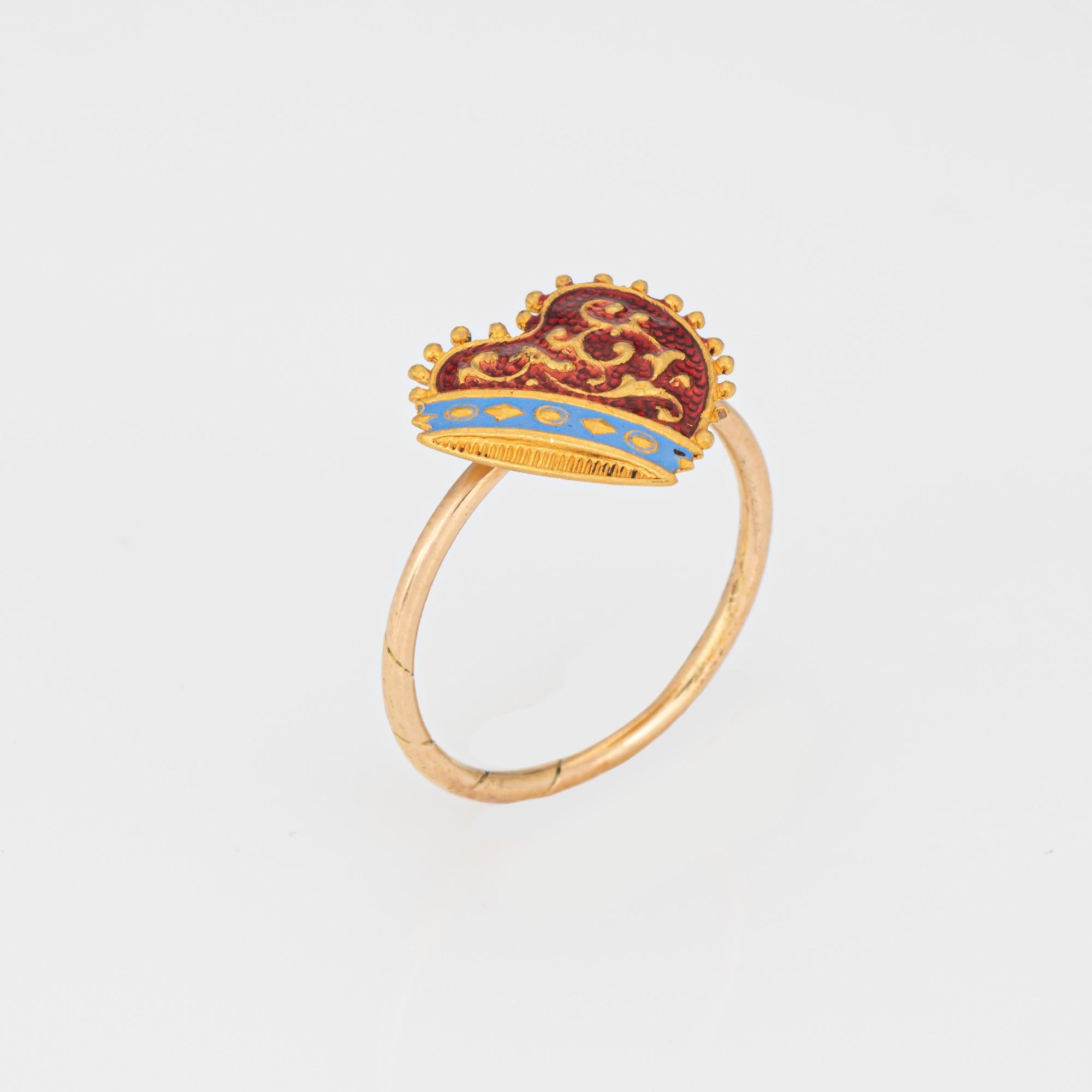 Originally an antique Victorian era stick pin (circa 1880s to 1900s), the heart ring is crafted in 18 karat yellow gold.

The ring is mounted with the original stick pin. Our jeweler rounded the stick pin into a slim band for the finger. The