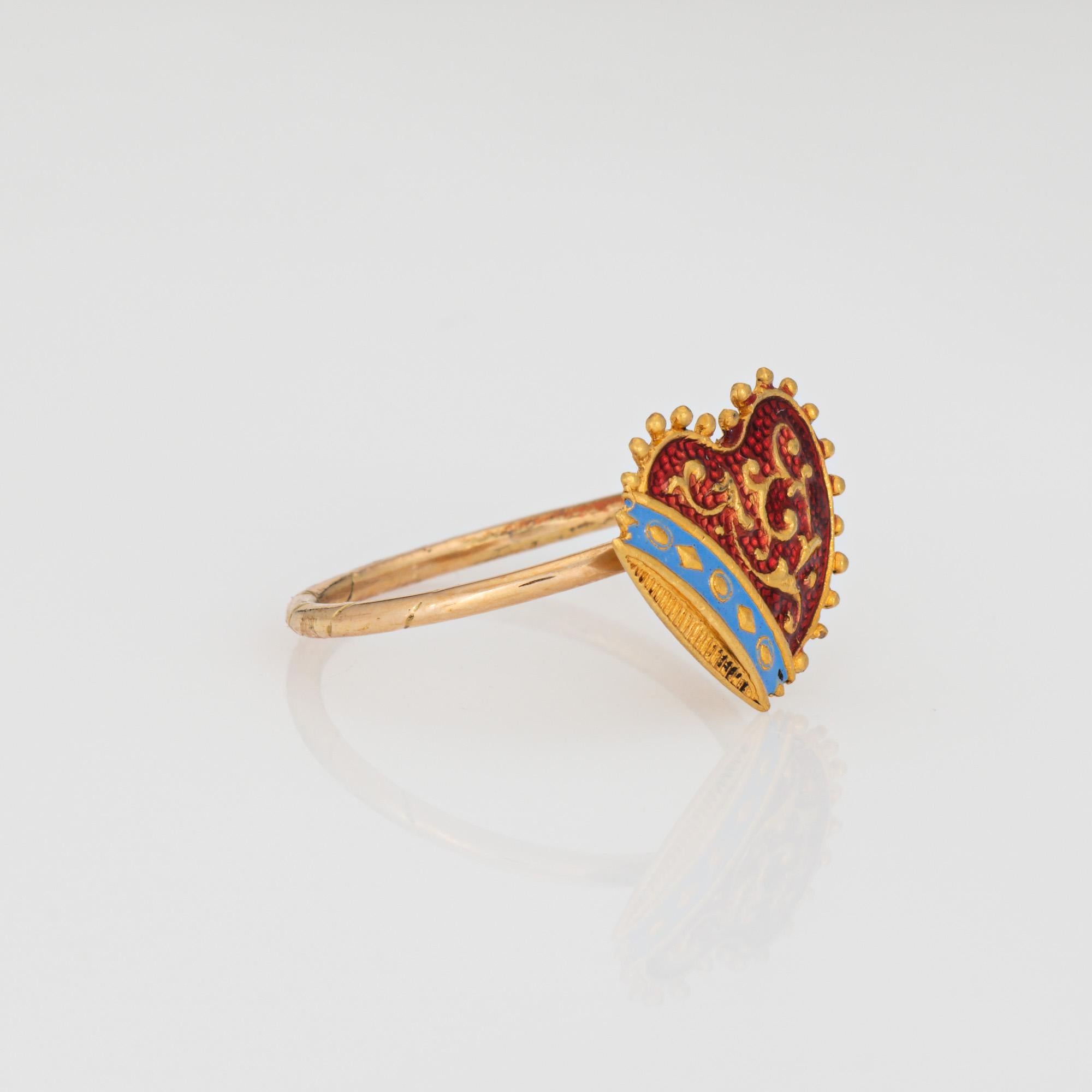 Antique Victorian Heart Enamel Conversion Ring 18k Yellow Gold Sz 3 Pinky In Good Condition In Torrance, CA