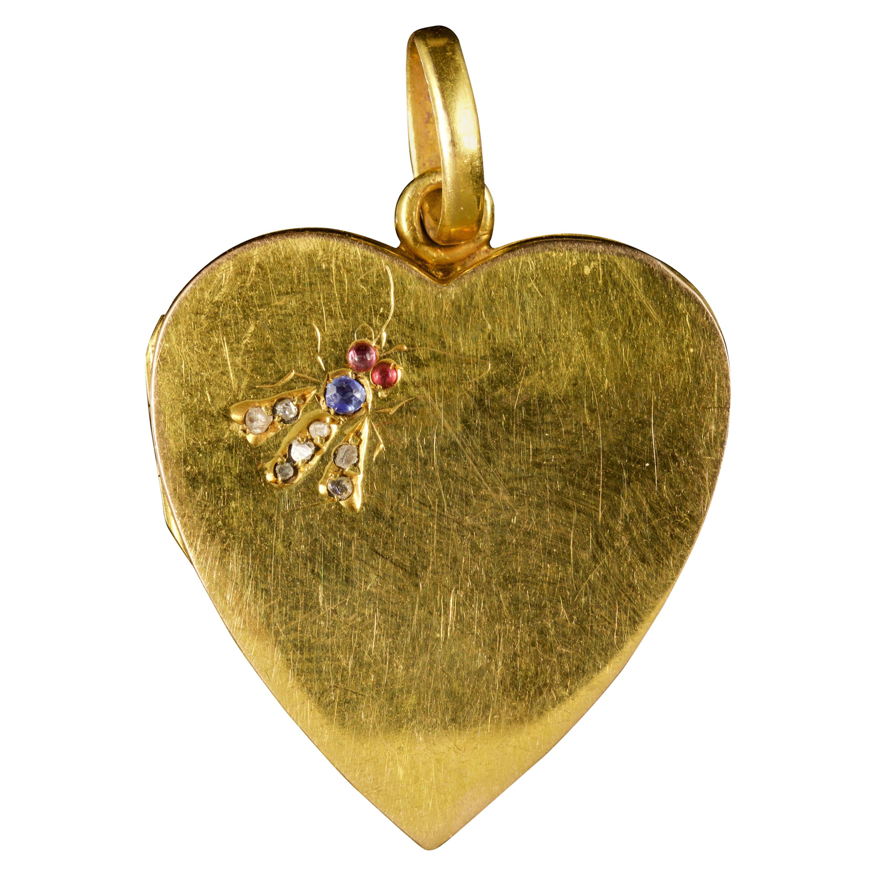 Antique Victorian Heart Locket 18 Carat Gold Diamond Sapphire Ruby, circa 1880