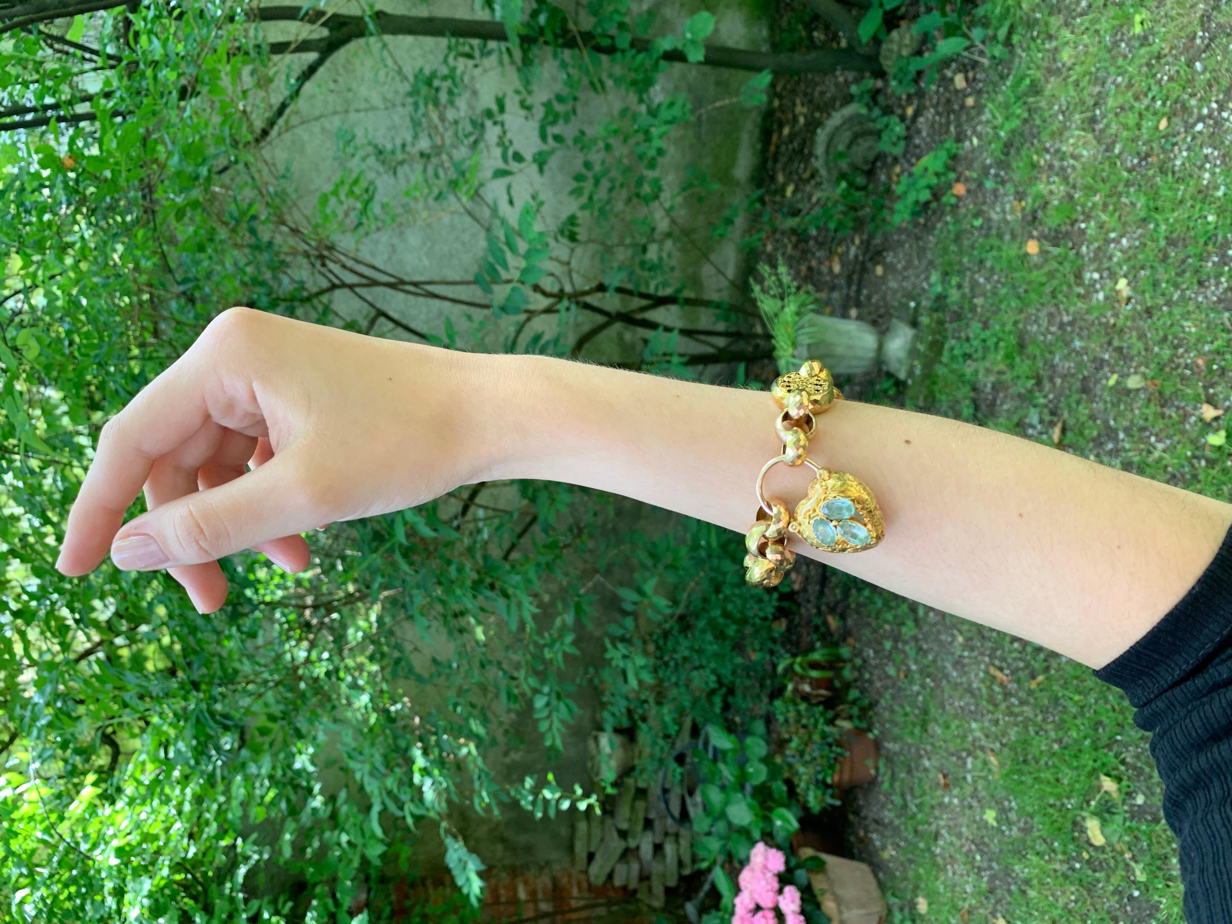 Antique Victorian Heart Locket Padlock Gold Aquamarine Grapes Link Bracelet 3