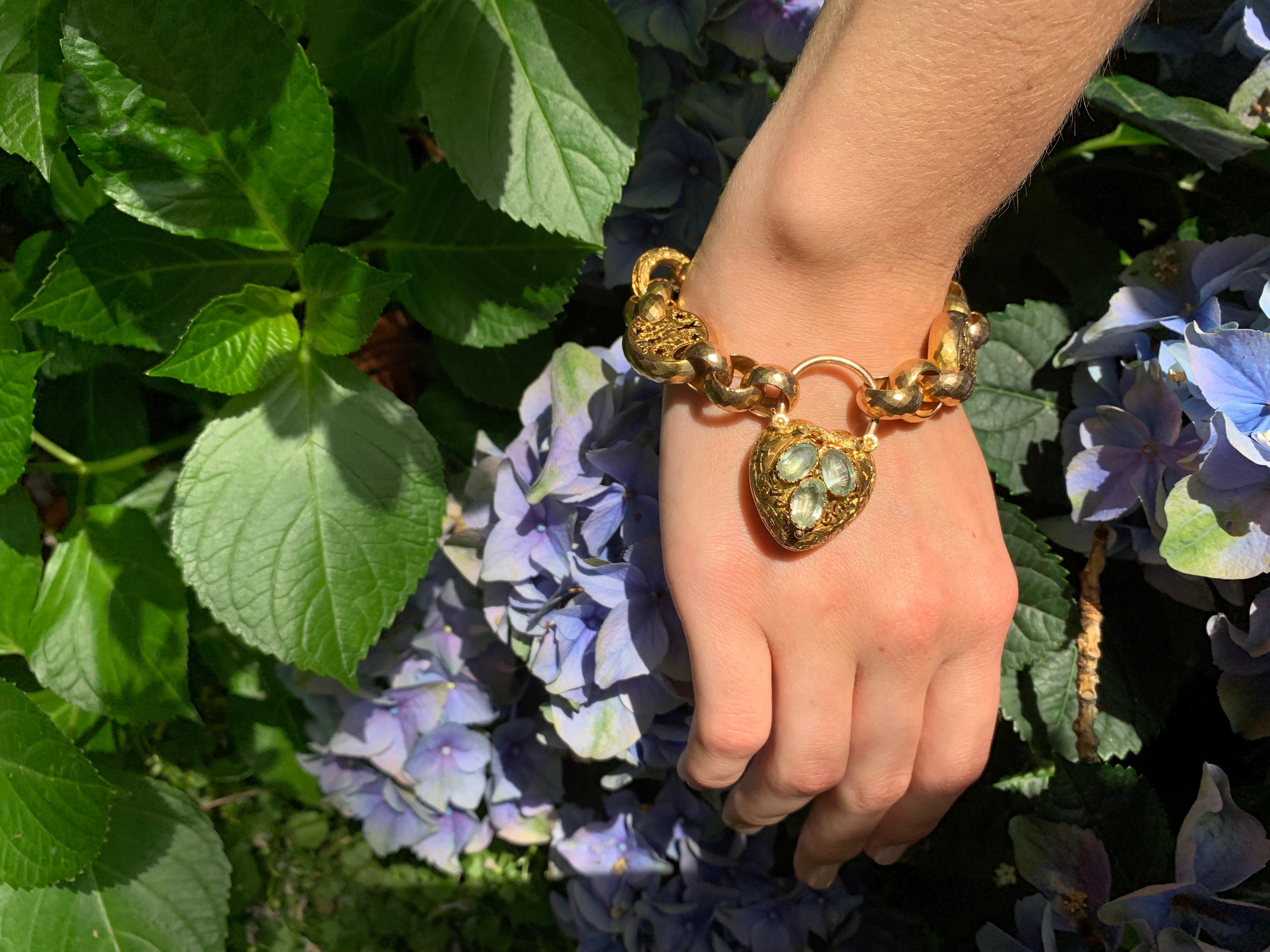 Antique Victorian Heart Locket Padlock Gold Aquamarine Grapes Link Bracelet 4