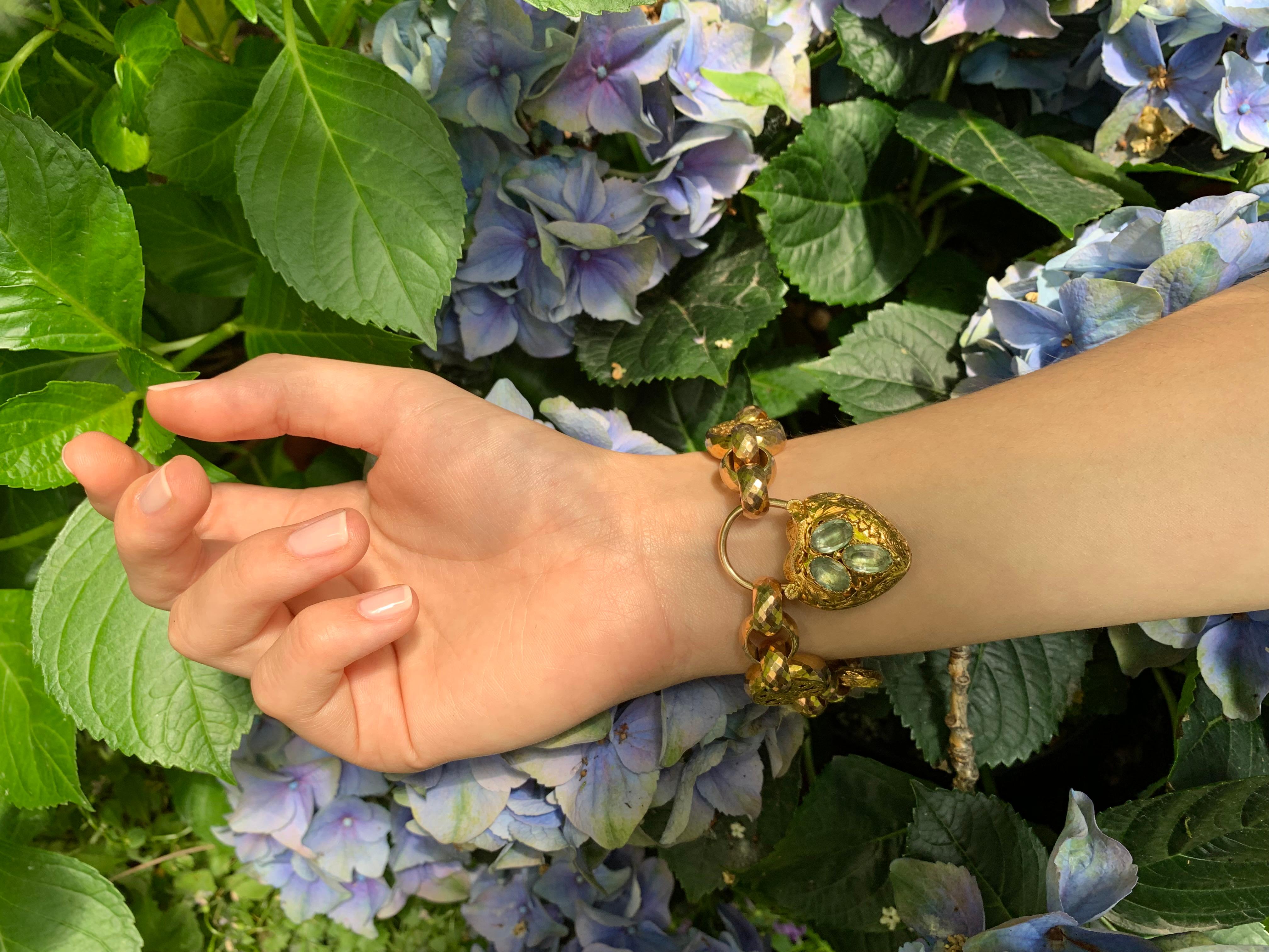 Antique Victorian Heart Locket Padlock Gold Aquamarine Grapes Link Bracelet 5