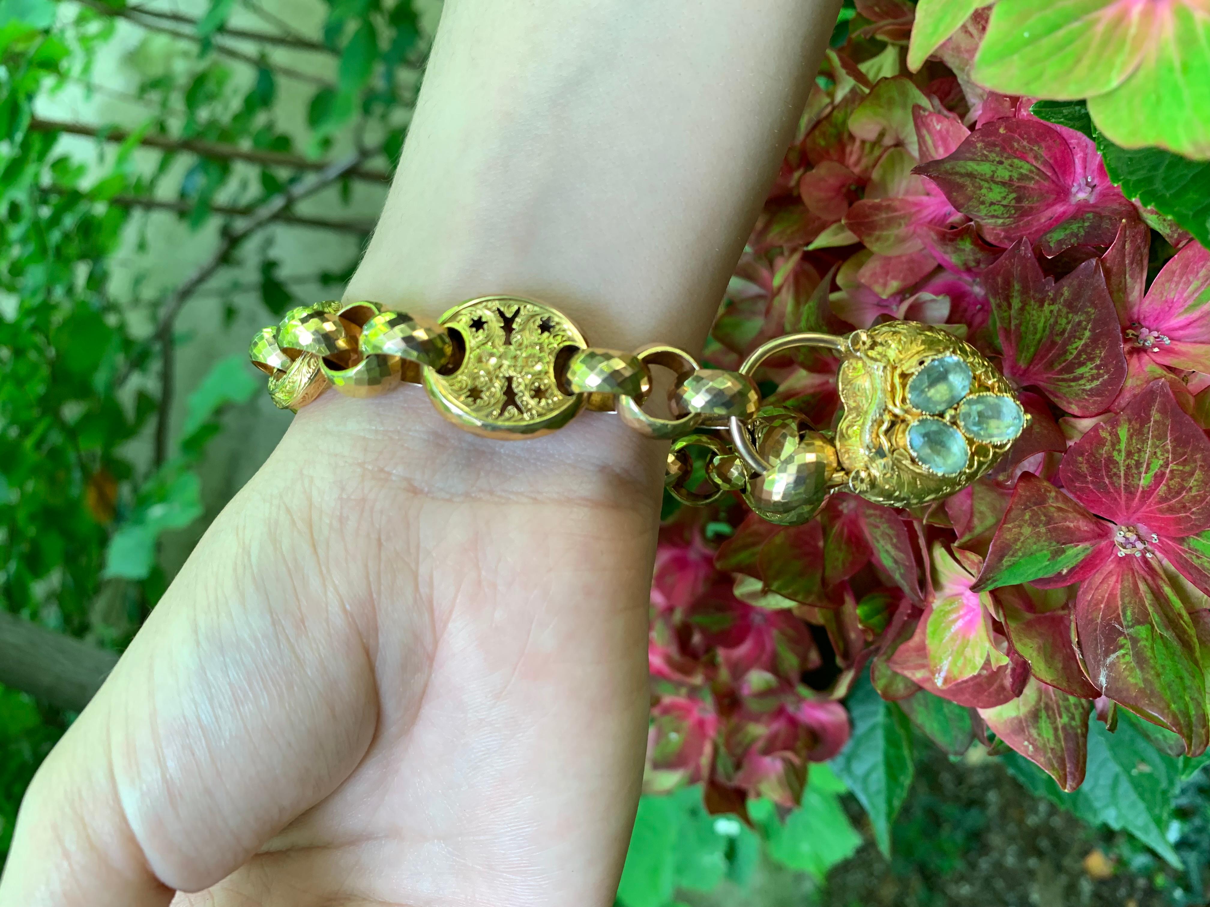 Antique Victorian Heart Locket Padlock Gold Aquamarine Grapes Link Bracelet 6