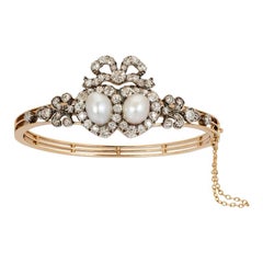 Antique Victorian Heart-Motif Natural Pearl and Diamond Bangle Bracelet
