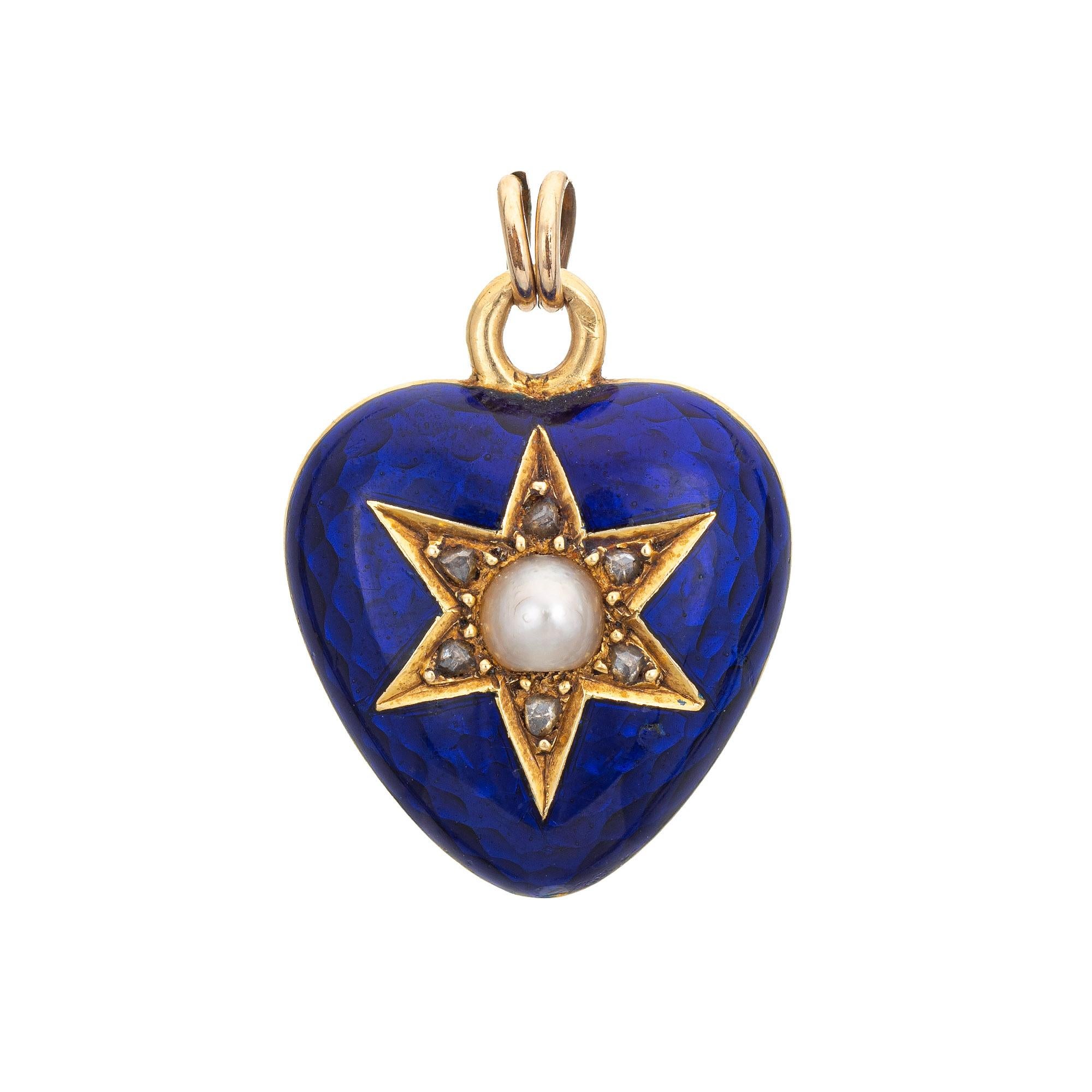 Rose Cut Antique Victorian Heart Pendant Guilloche Enamel Diamond Pearl 18k Gold Jewelry