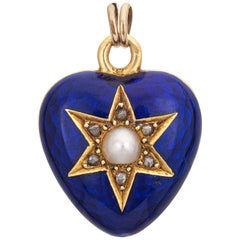 Antique Victorian Heart Pendant Guilloche Enamel Diamond Pearl 18k Gold Jewelry