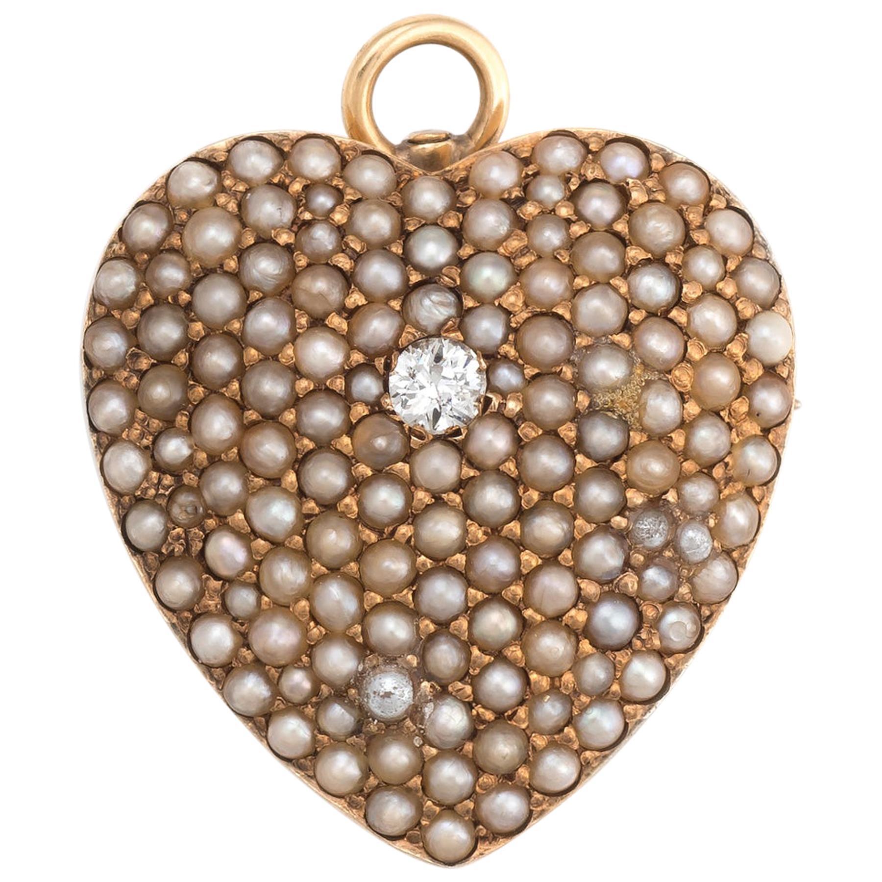 Antique Victorian Heart Pendant Pave Seed Pearls Diamond 14 Karat Gold Vintage