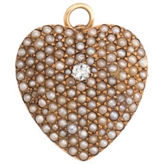Antiker viktorianischer Herz-Anhänger Pavé-Seed Pearls Diamant 14 Karat Gold Vintage