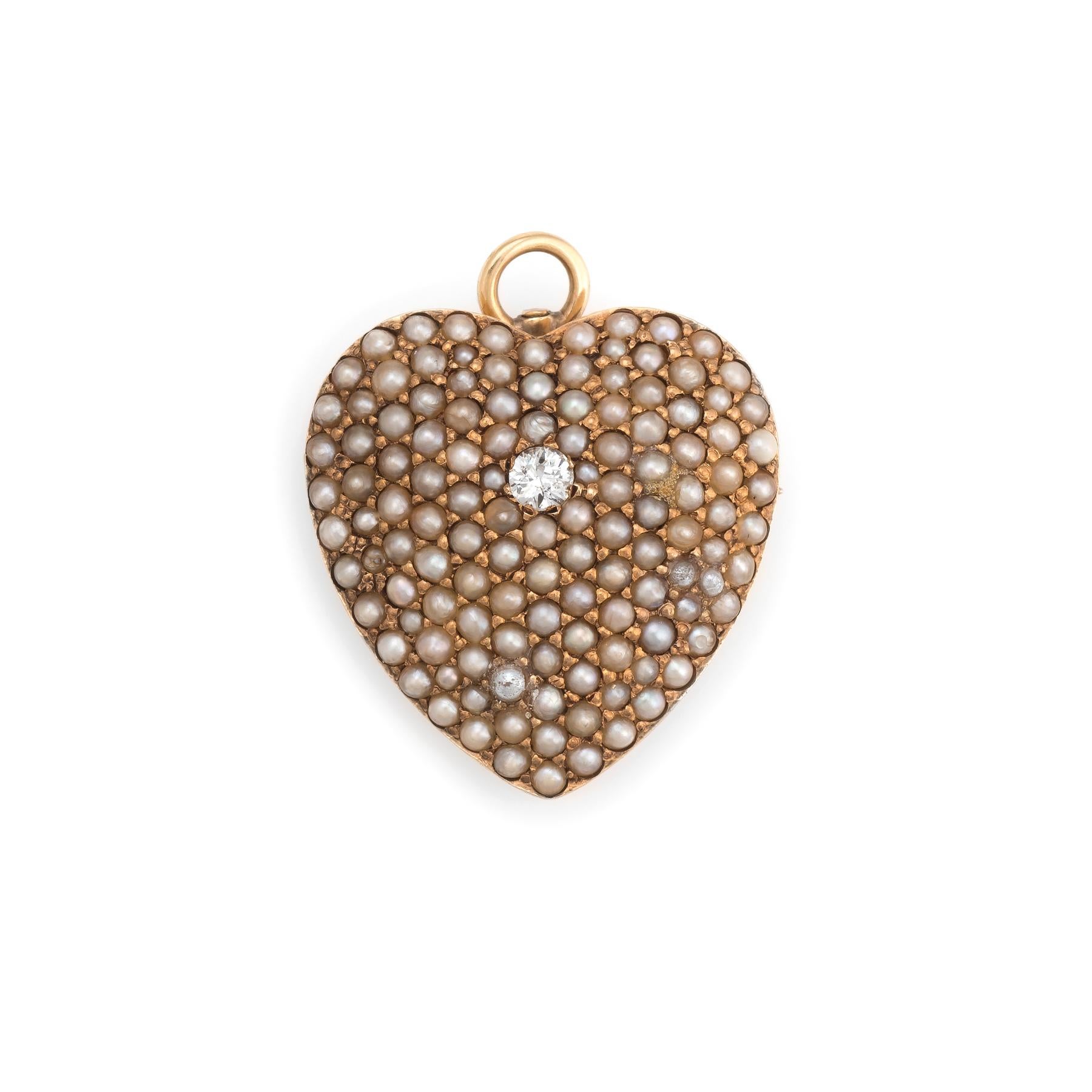 Old Mine Cut Antique Victorian Heart Pendant Pave Seed Pearls Diamond 14 Karat Gold Vintage