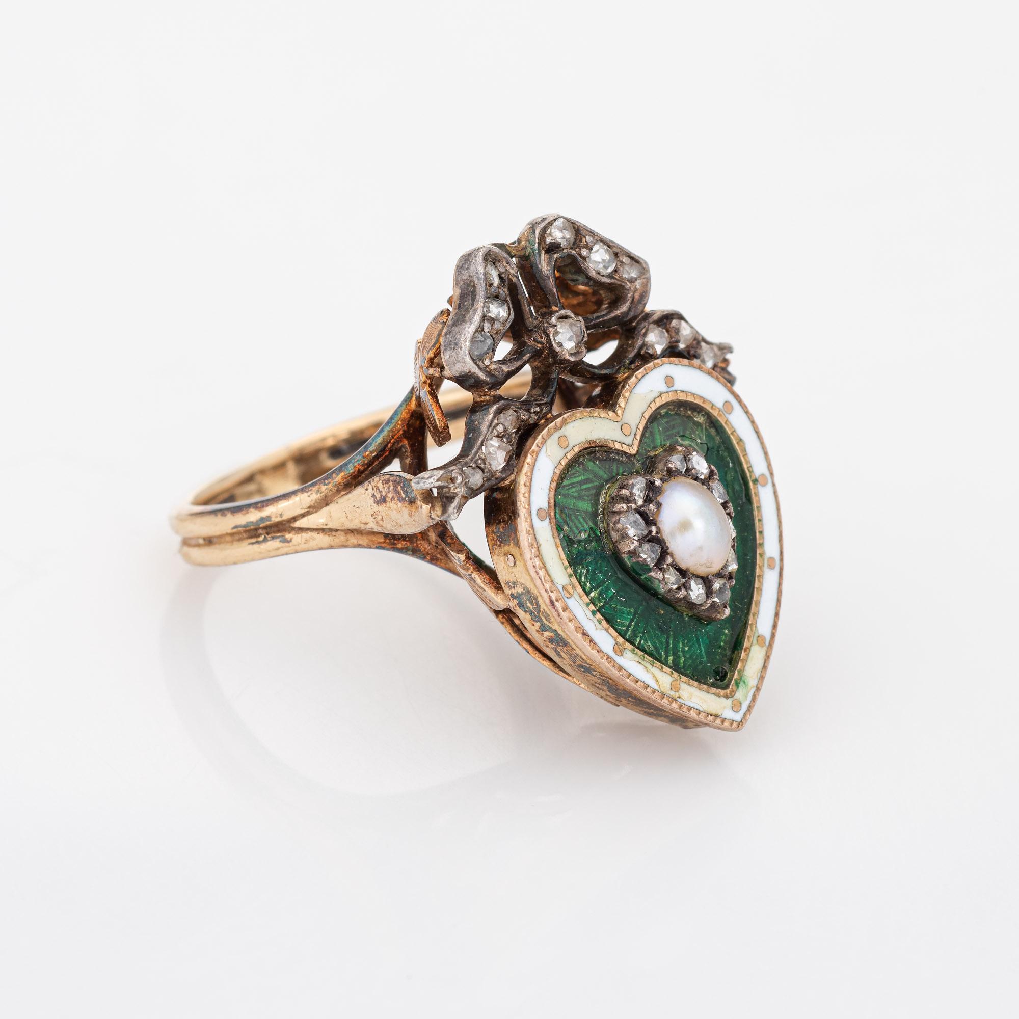 Rose Cut Antique Victorian Heart Ring Pearl Diamond Guilloche Enamel 15k Gold Silver Bow