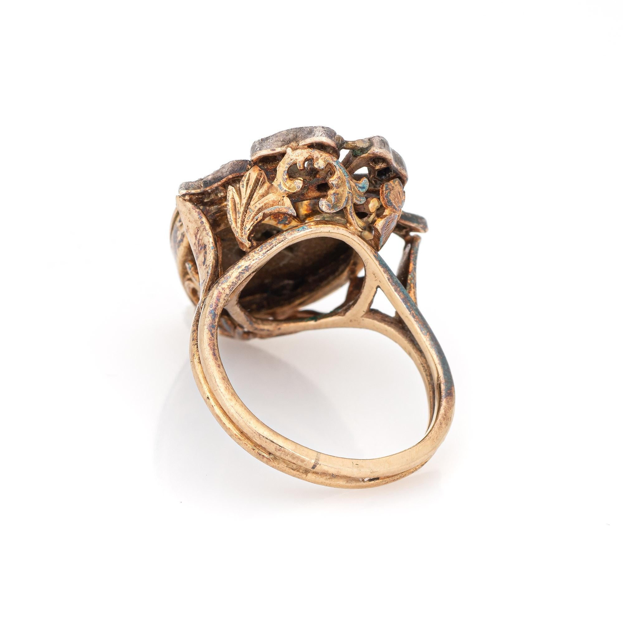Women's Antique Victorian Heart Ring Pearl Diamond Guilloche Enamel 15k Gold Silver Bow