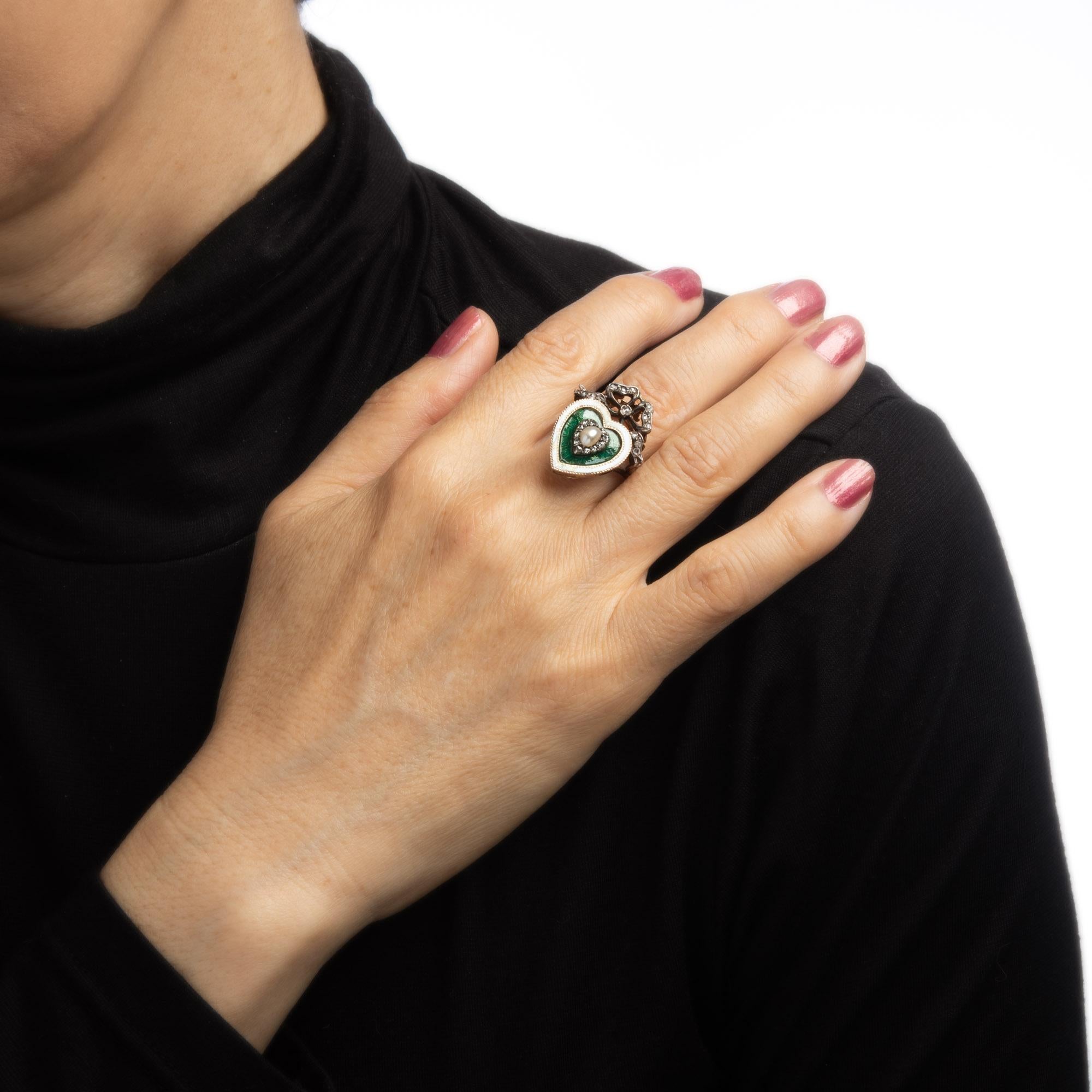 Antique Victorian Heart Ring Pearl Diamond Guilloche Enamel 15k Gold Silver Bow 1