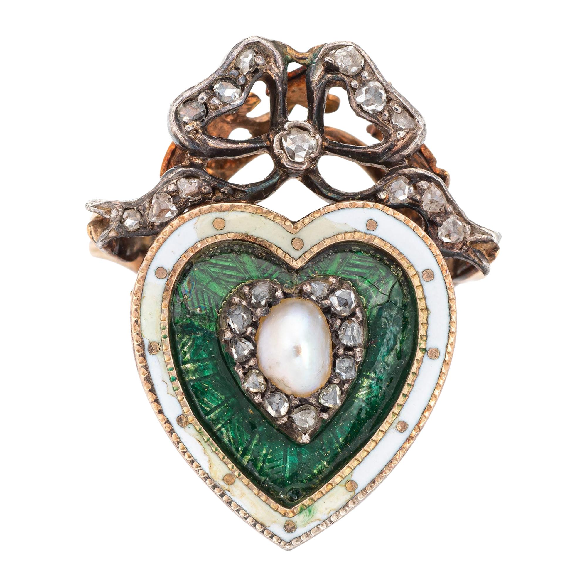 Antique Victorian Heart Ring Pearl Diamond Guilloche Enamel 15k Gold Silver Bow
