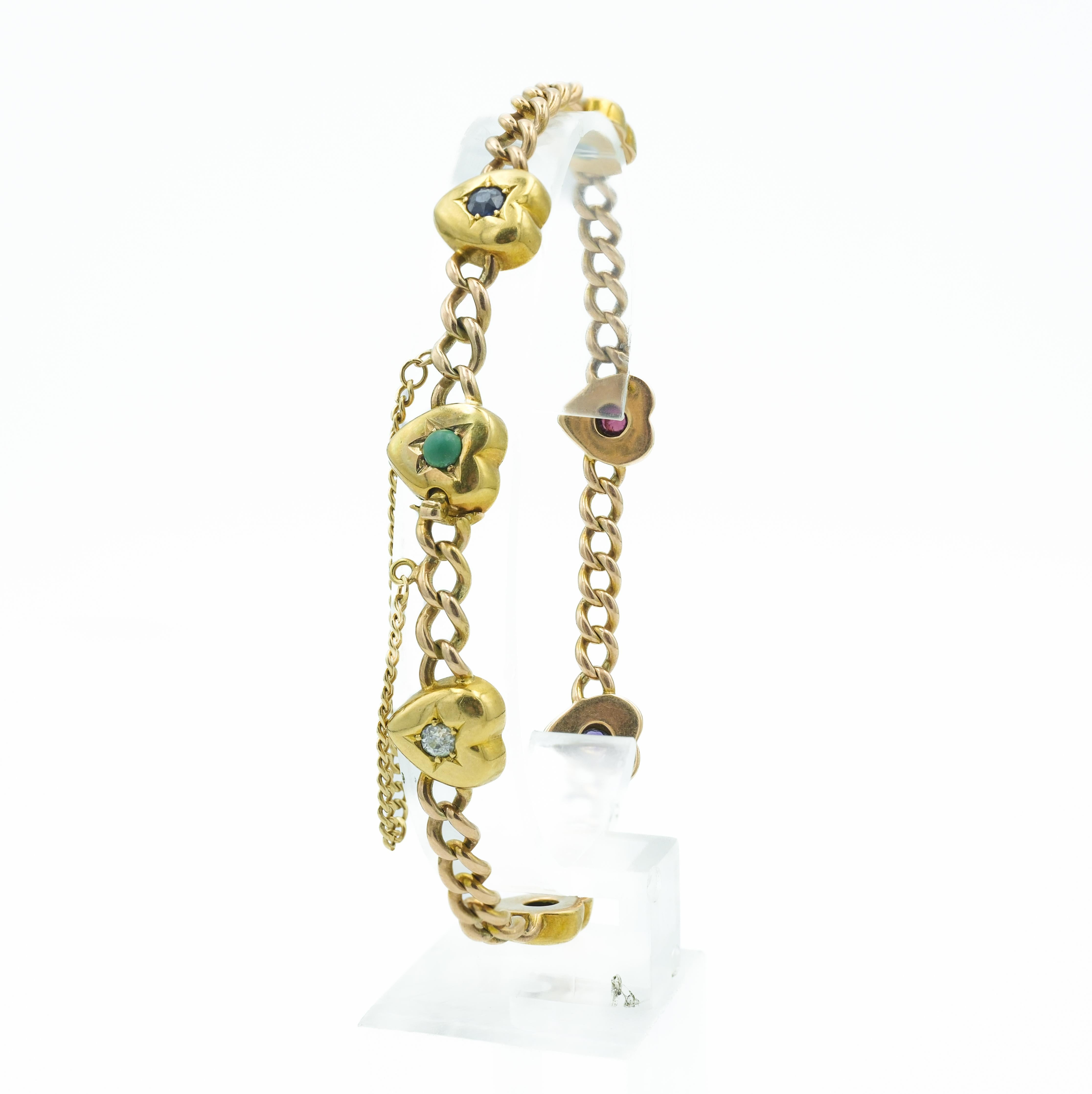 Round Cut Antique Victorian Heart Shaped 'Dearest' Acrostic Bracelet 14 Karat Rose Gold For Sale