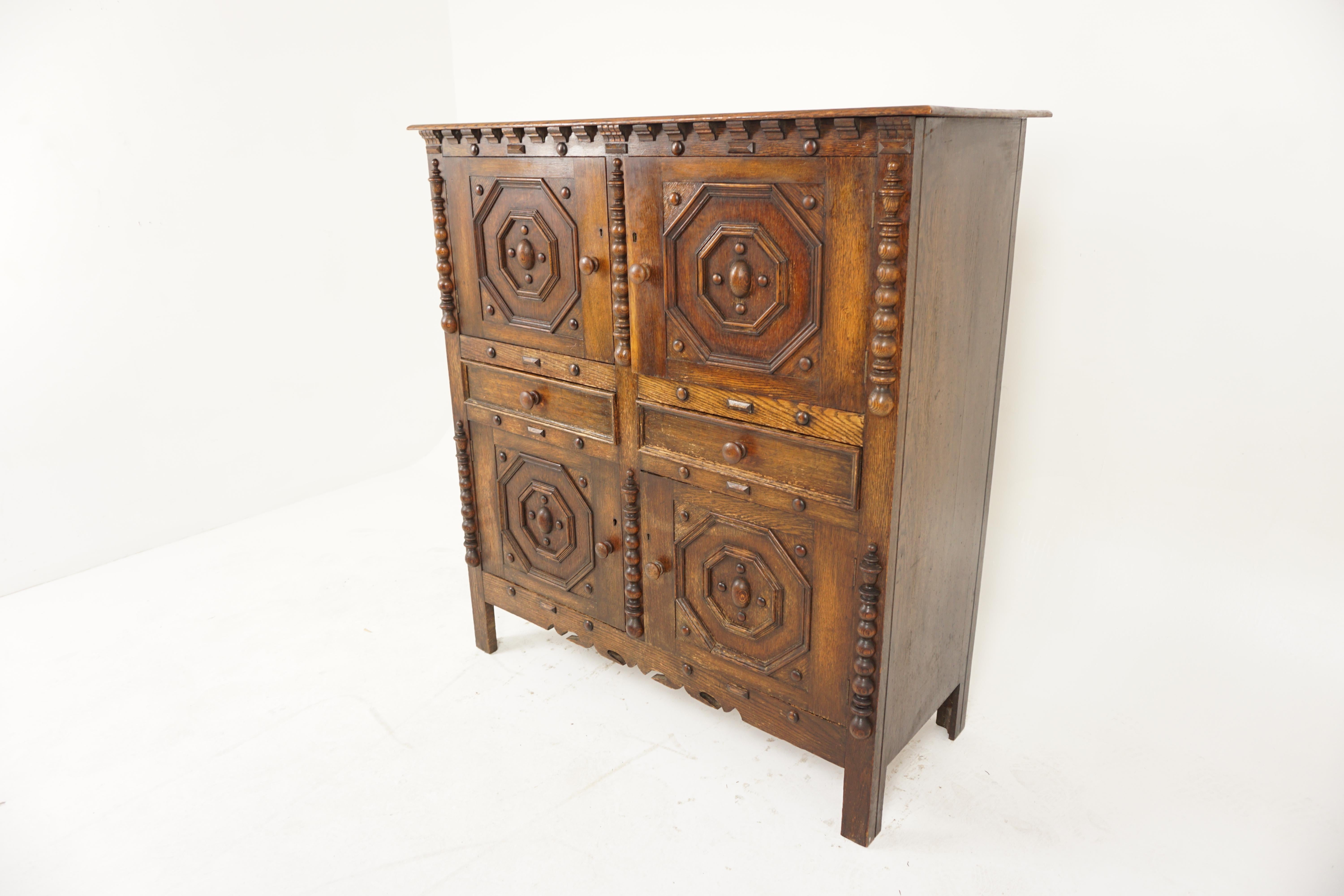 Antique Victorian Heavily Carved Oak Hall Cupboard 4 Door, Scotland 1890, H974

Solid Oak
Original finish
Rectangular top
Pair of geometric carved raised panel doors on top
Opens to reveal single shelves in each side
Below pair of doveytailed